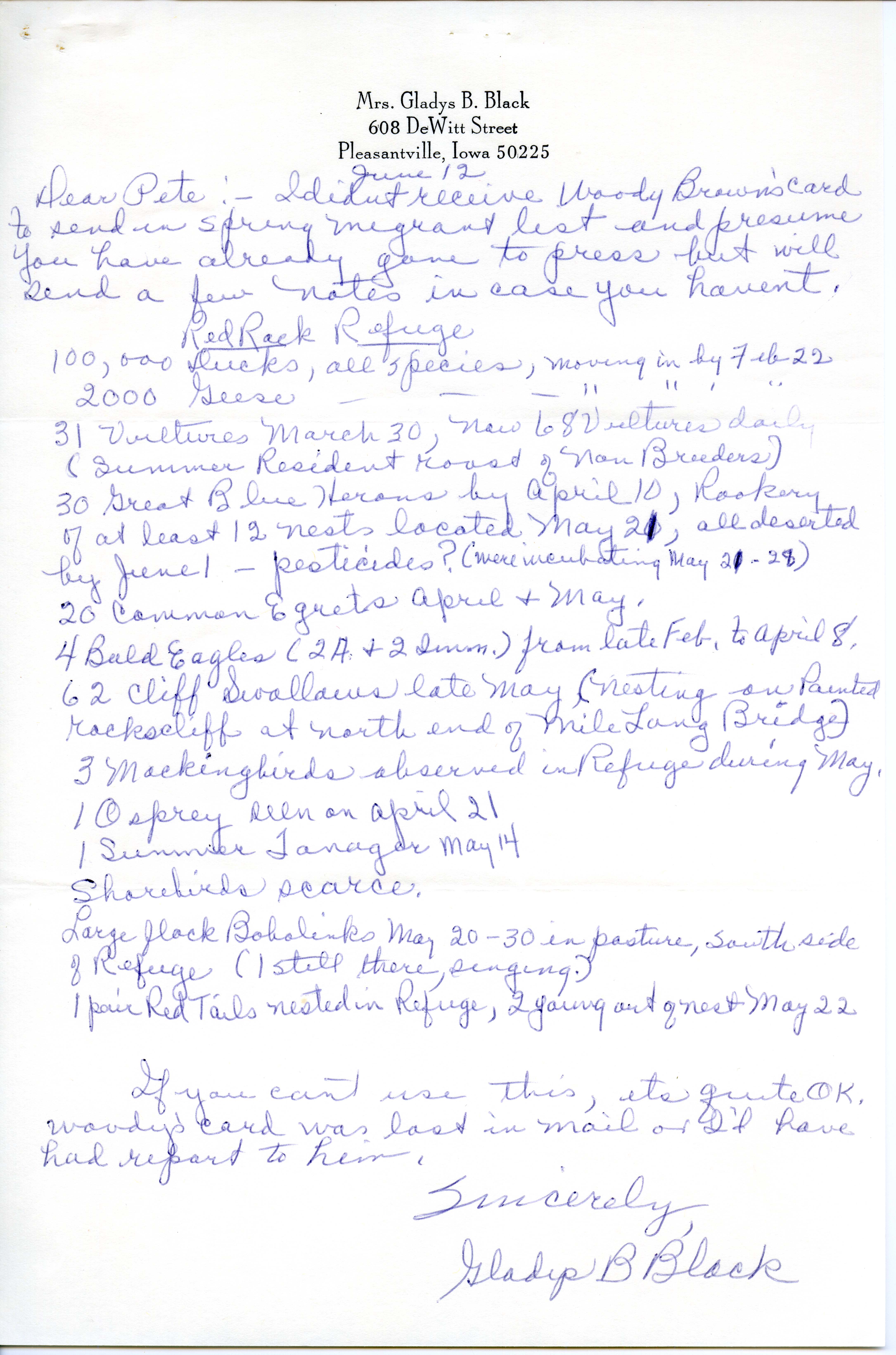 Gladys Black letter to Peter C. Petersen regarding spring migration at Red Rock Refuge, June 12, 1970