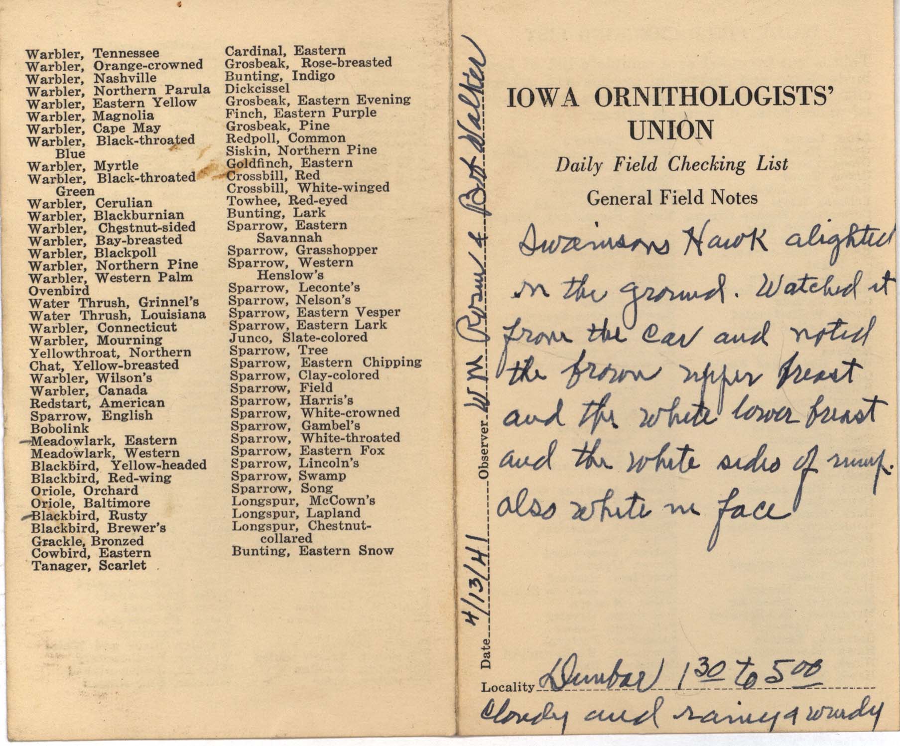 Daily field checking list by Walter Rosene, April 13, 1941