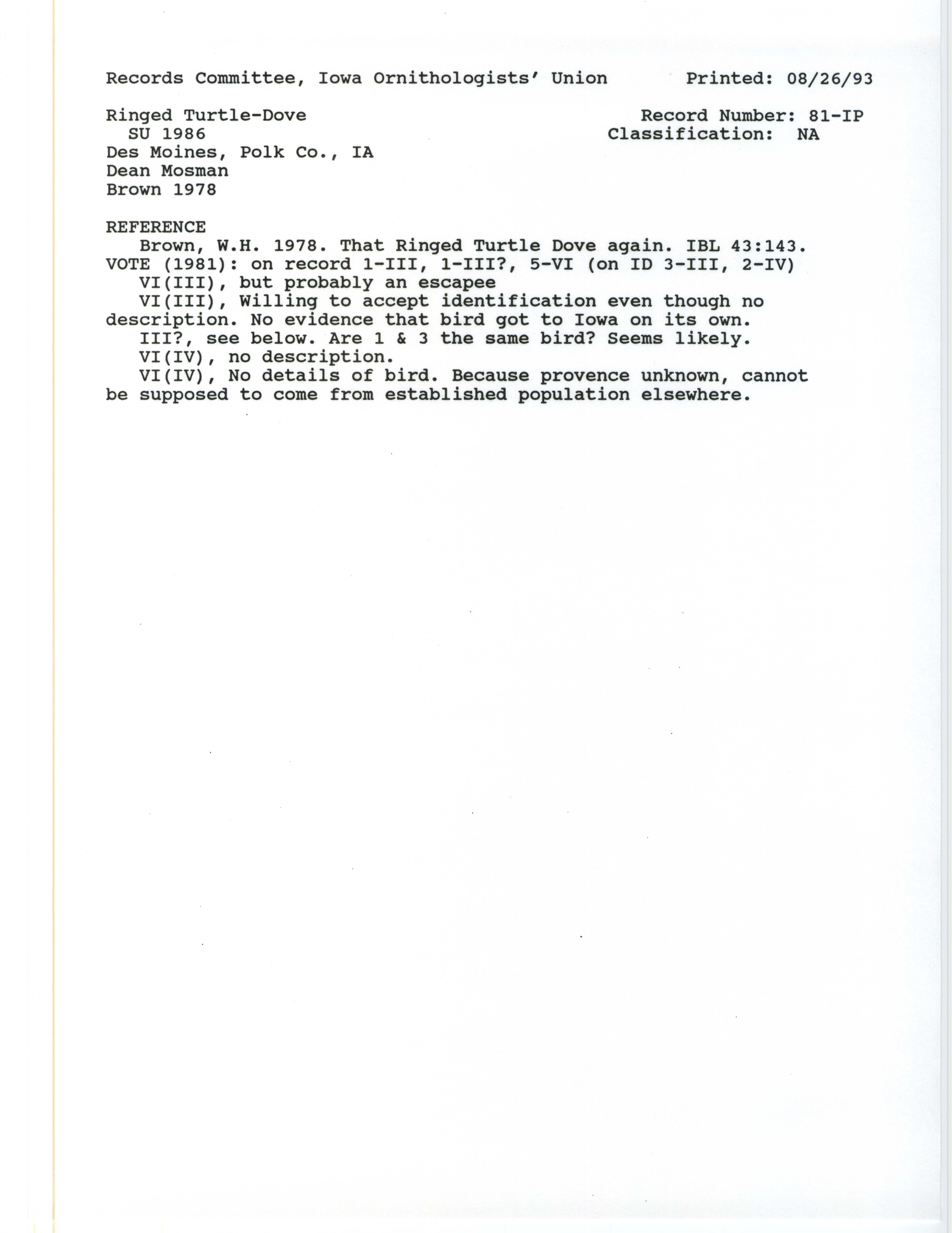 Records Committee review for rare bird sighting for Ringed Turtle-Dove at Des Moines in 1976