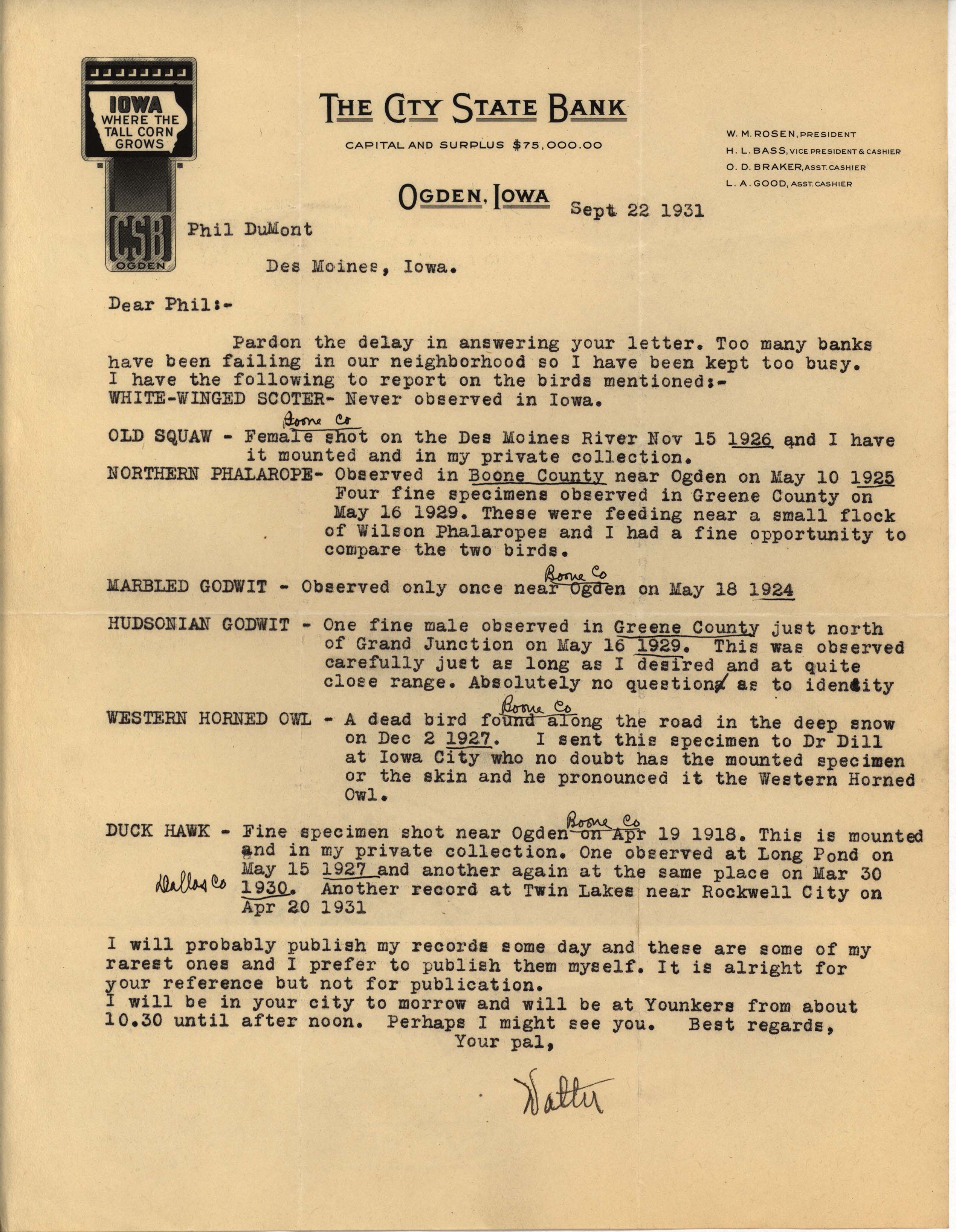 Walter Rosene letter to Philip DuMont regarding rare bird sightings, September 22, 1931
