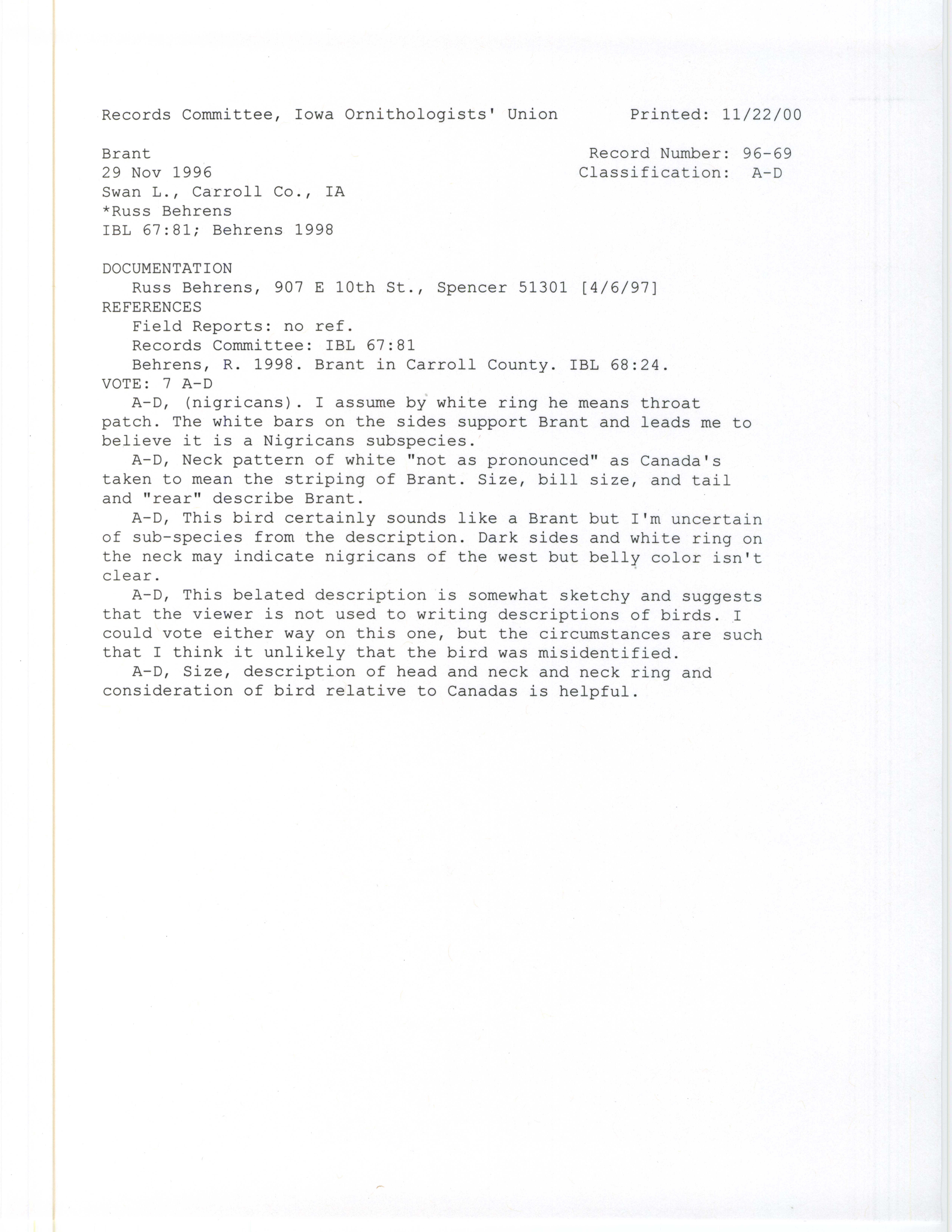 Records Committee review for rare bird sighting for Brant at Swan Lake in 1996