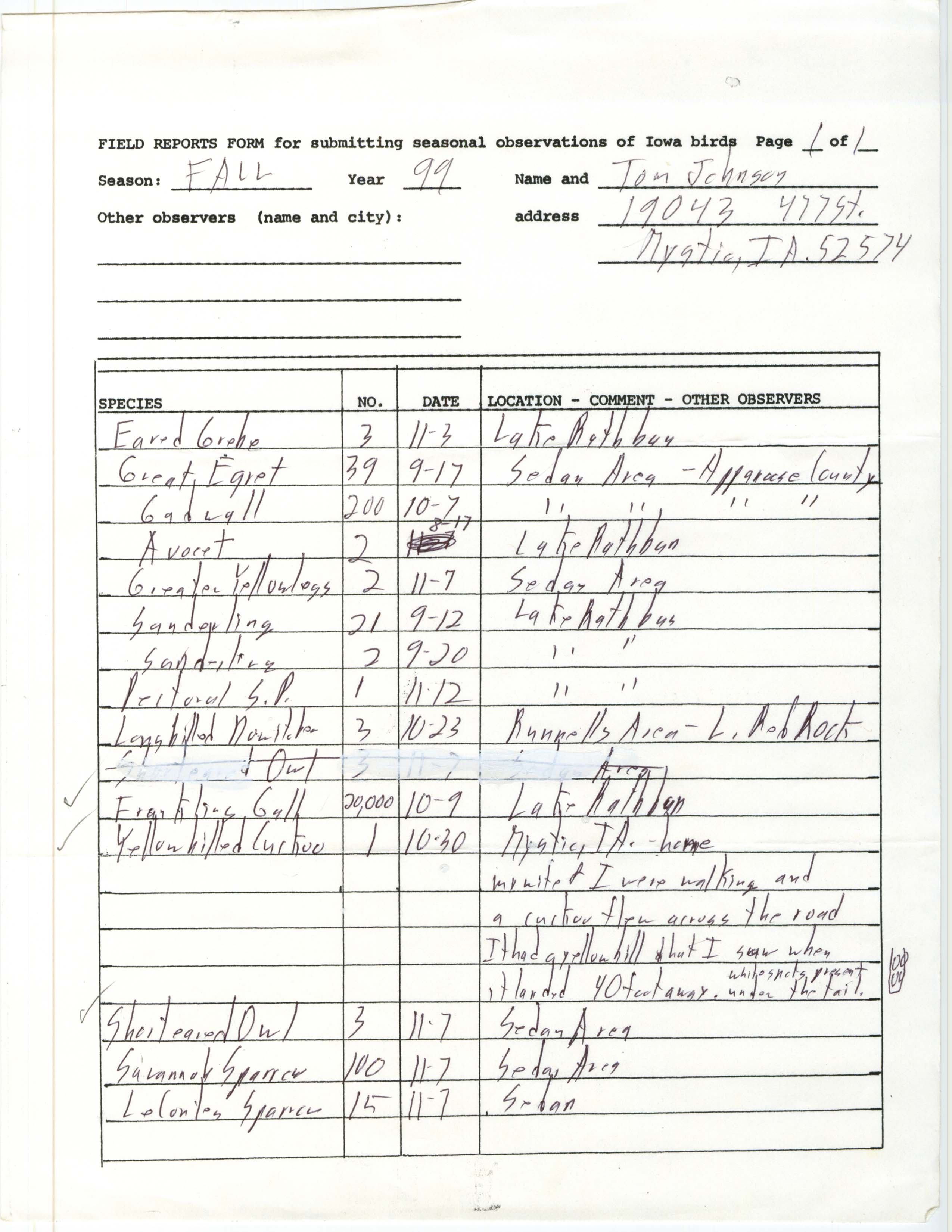 Field reports form for submitting seasonal observations of Iowa birds, fall 1999, Tom Johnson