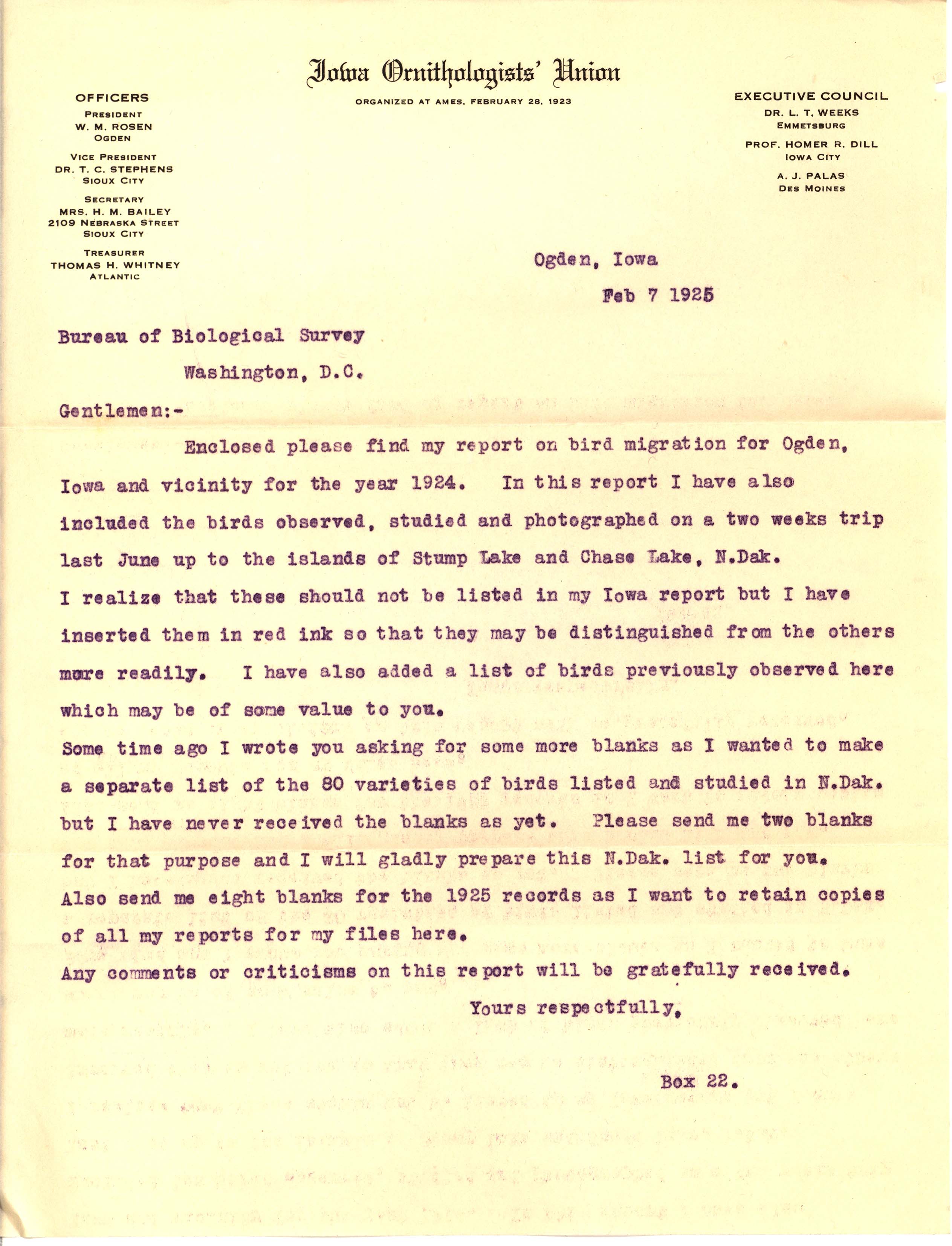 Walter Rosene letter to the United States Bureau of Biological Survey regarding a 1924 bird migration report, February 7, 1925