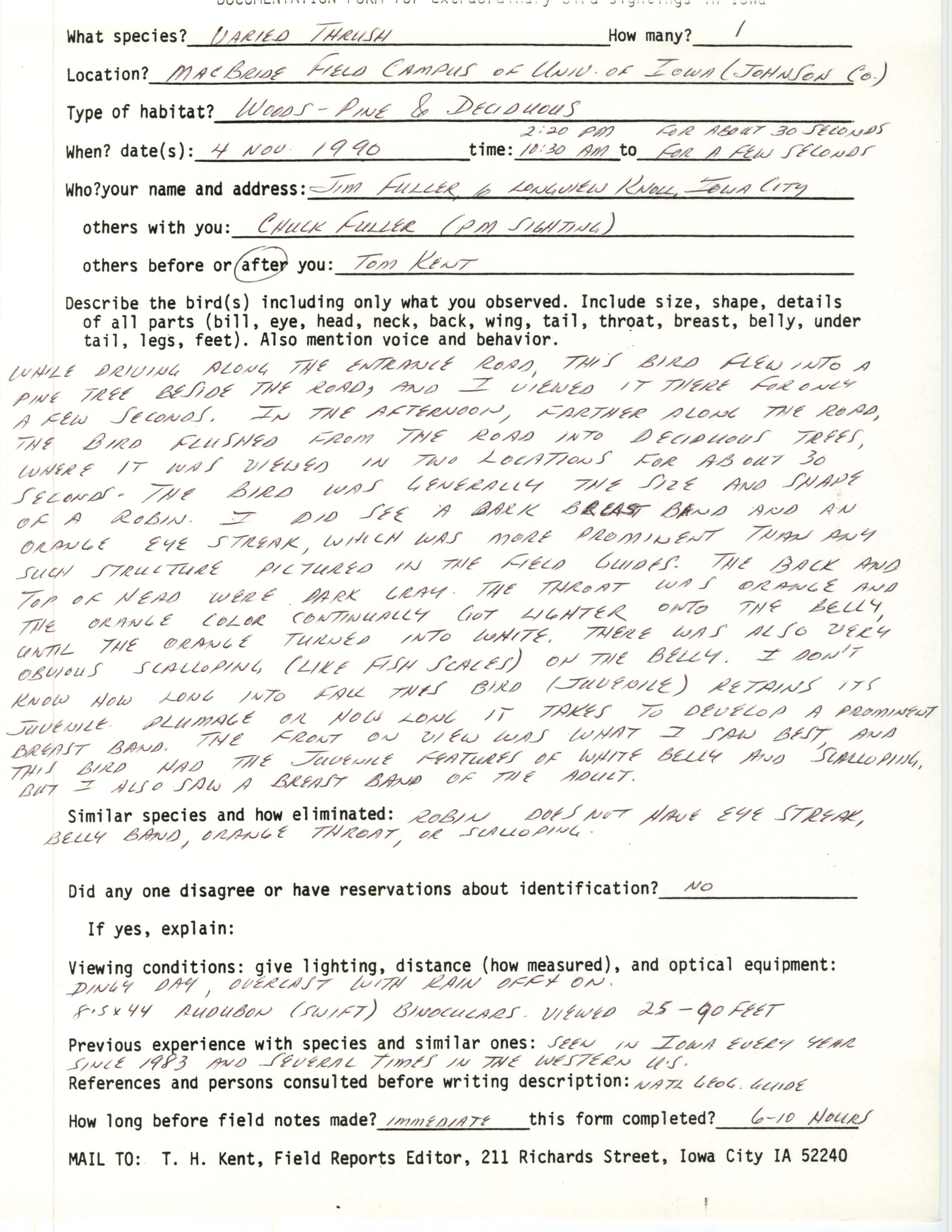 Rare bird documentation form for Varied Thrush at MacBride Nature Recreation Area, 1990