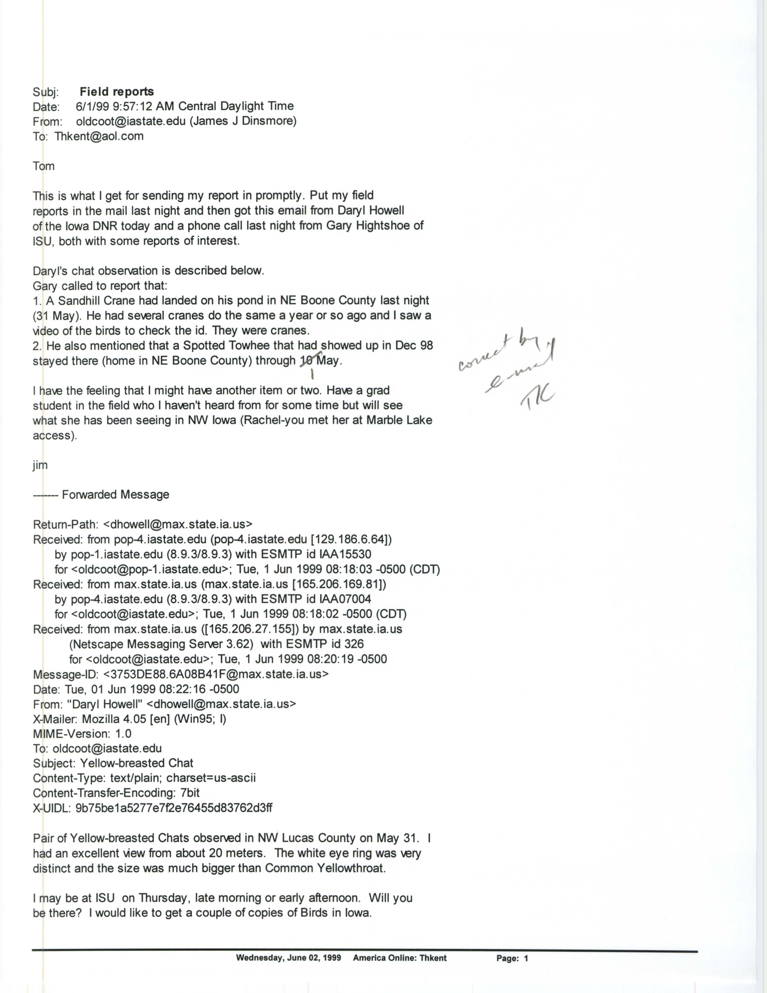 Jim Dinsmore email to Thomas Kent regarding field reports, June 1, 1999