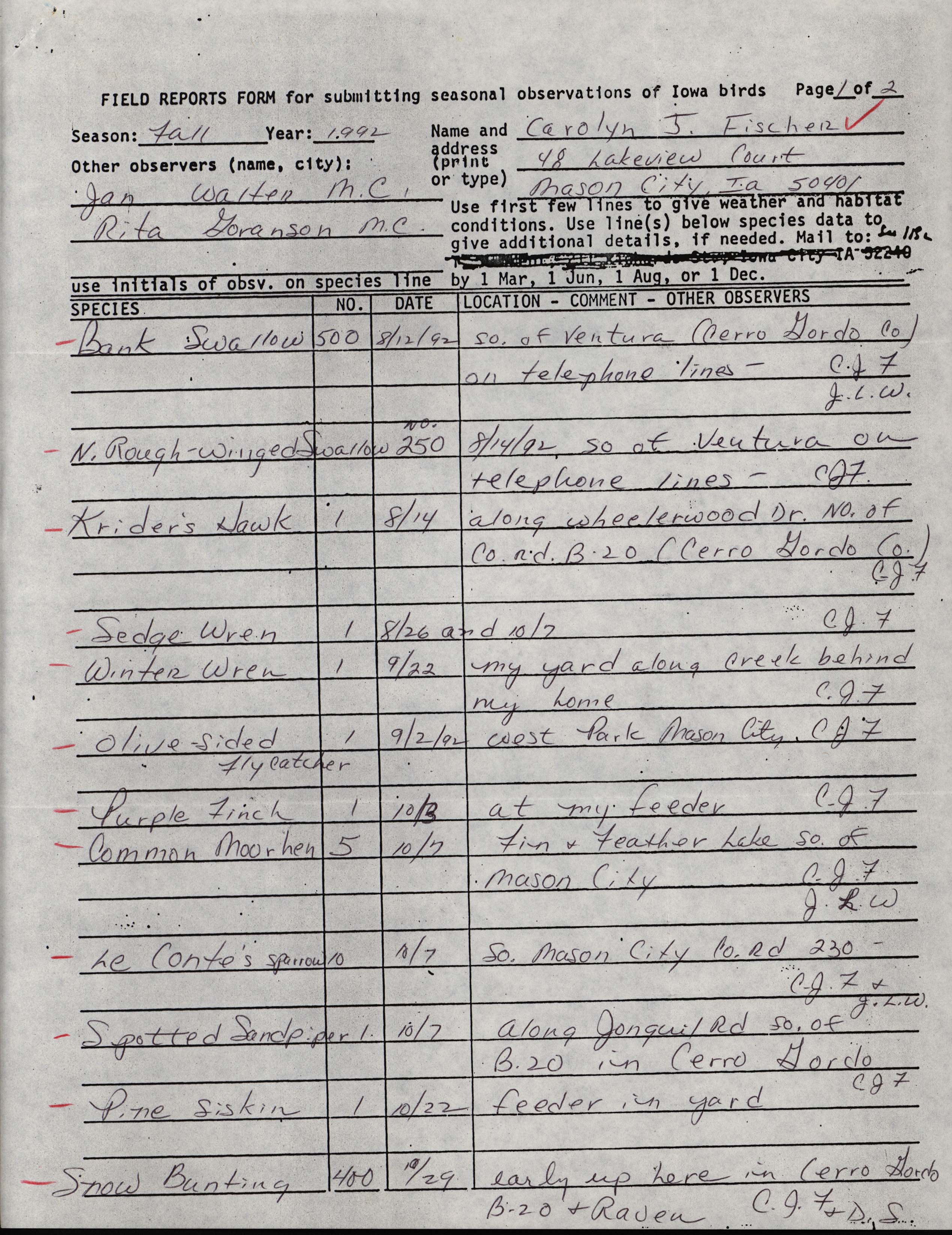 Field reports form for submitting seasonal observations of Iowa birds, Carolyn J. Fischer, fall 1992