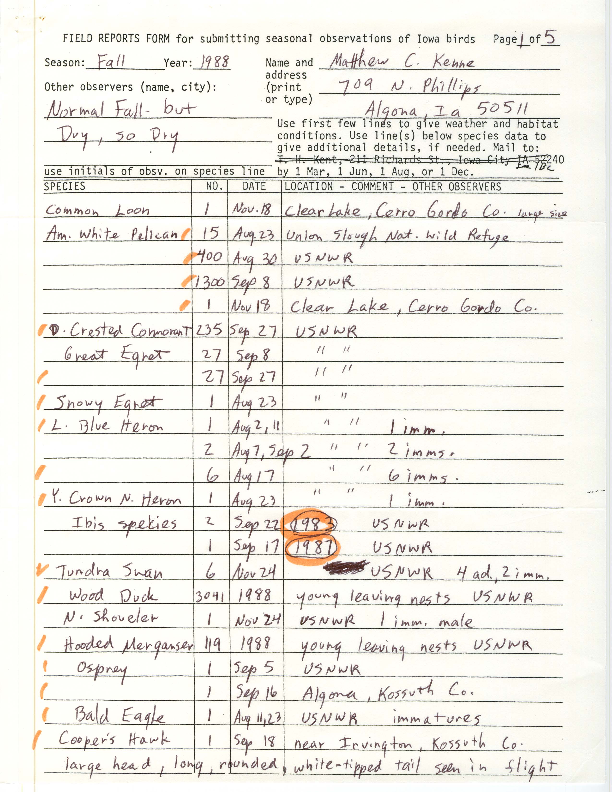 Field reports form for submitting seasonal observations of Iowa birds, Matthew Kenne, fall 1988