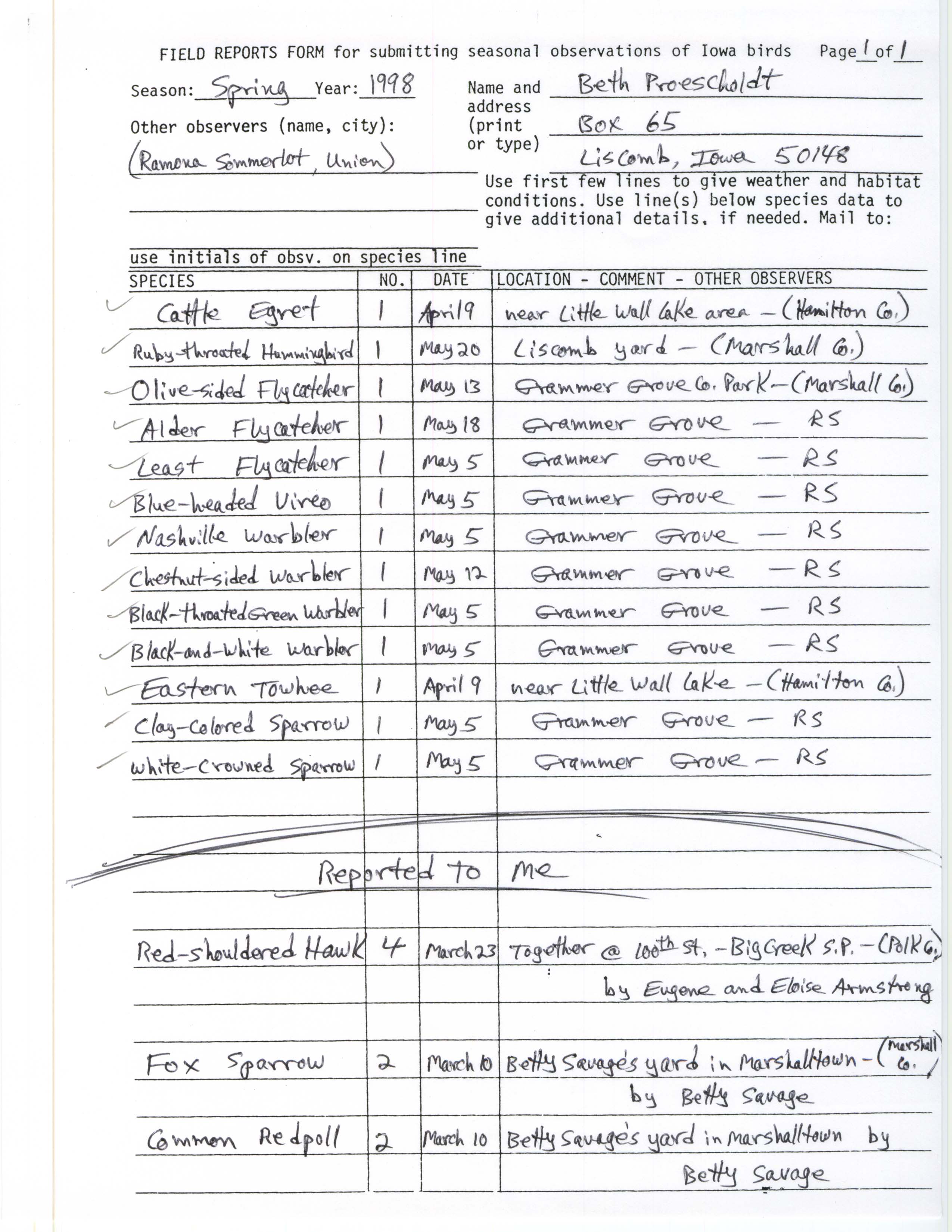 Field reports form for submitting seasonal observations of Iowa birds, Beth Proescholdt, spring 1998
