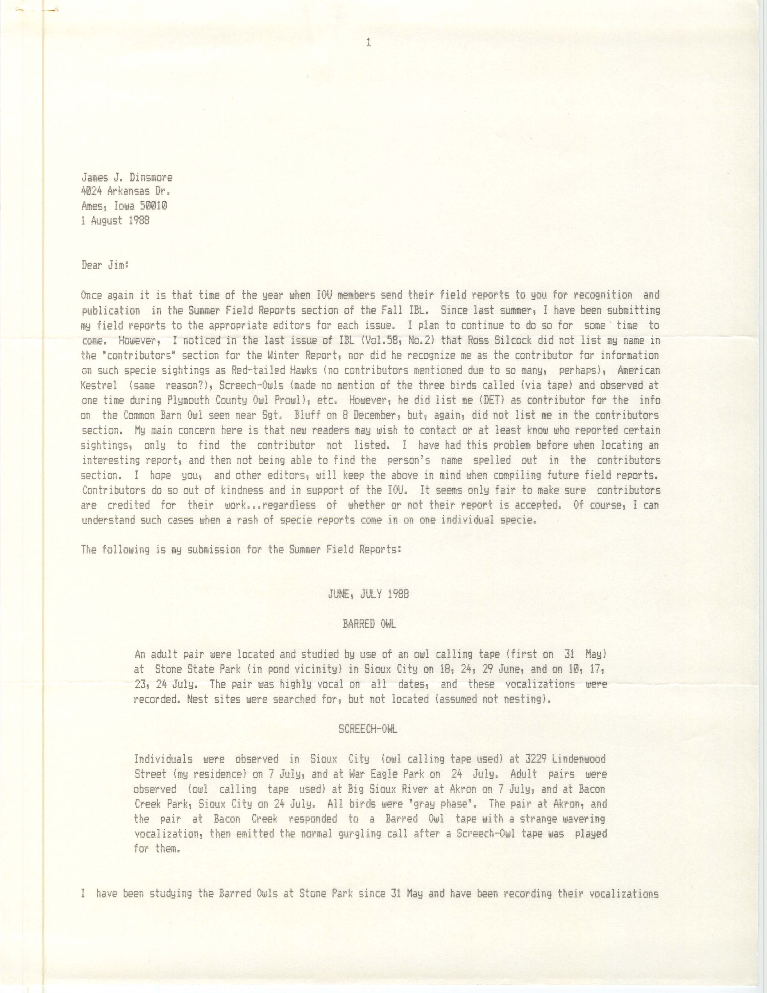 Douglas E. Trapp letter to James J. Dinsmore regarding two owl species sightings, August 1, 1988