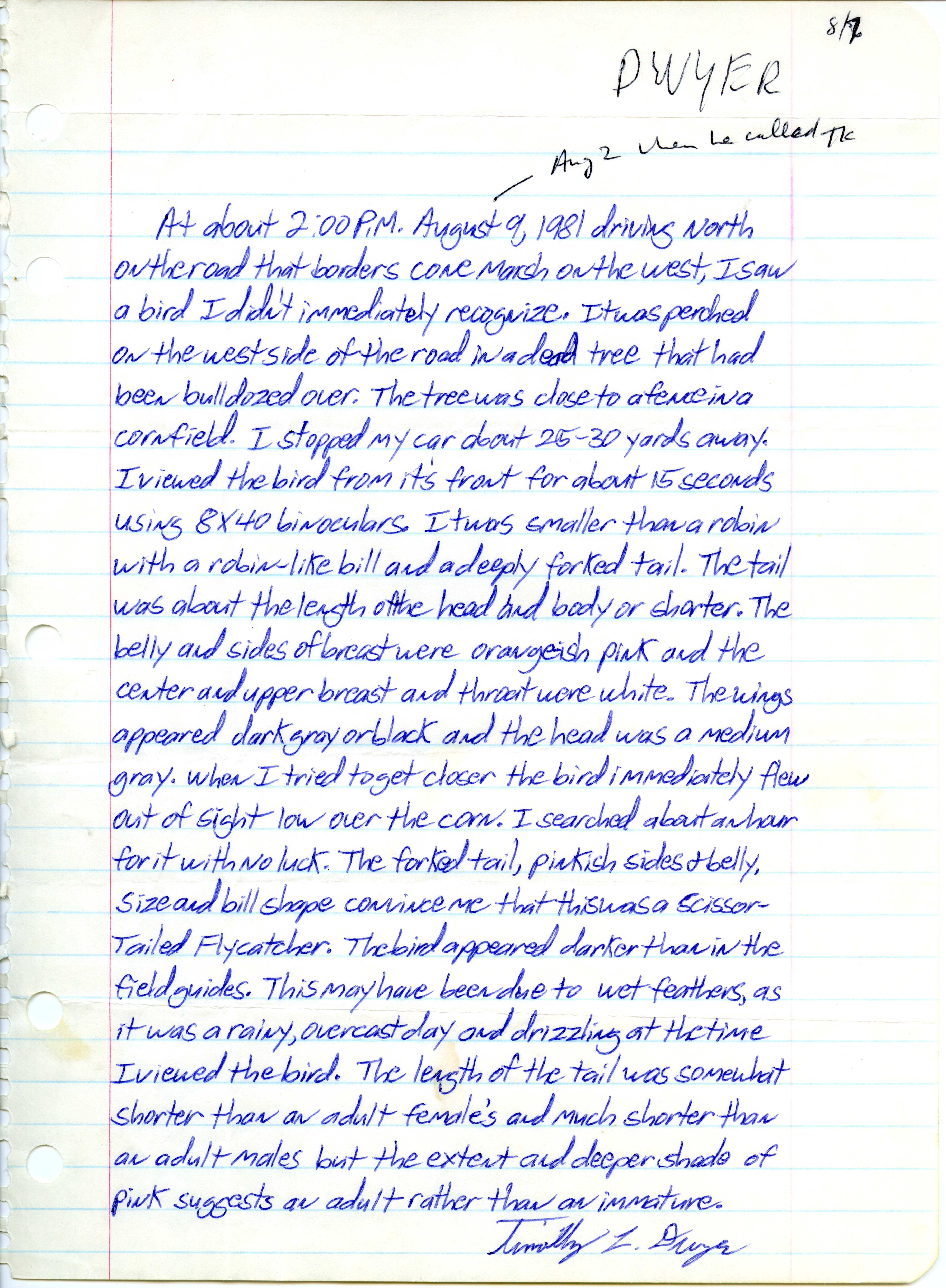 Field note contributed by Timothy L. Dwyer, August 2, 1981