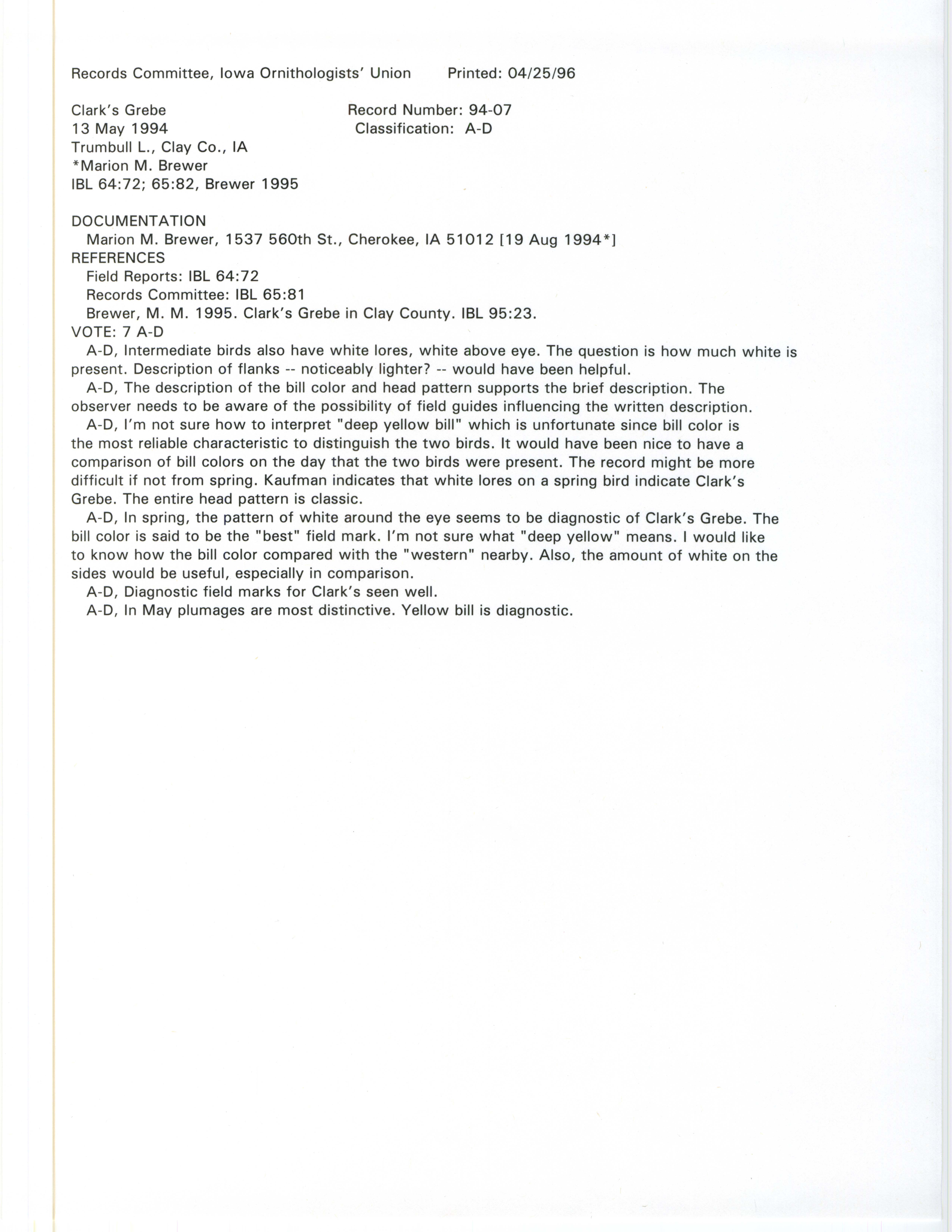 Records Committee review for rare bird sighting of Clark's Grebe at Trumbull Lake, 1994