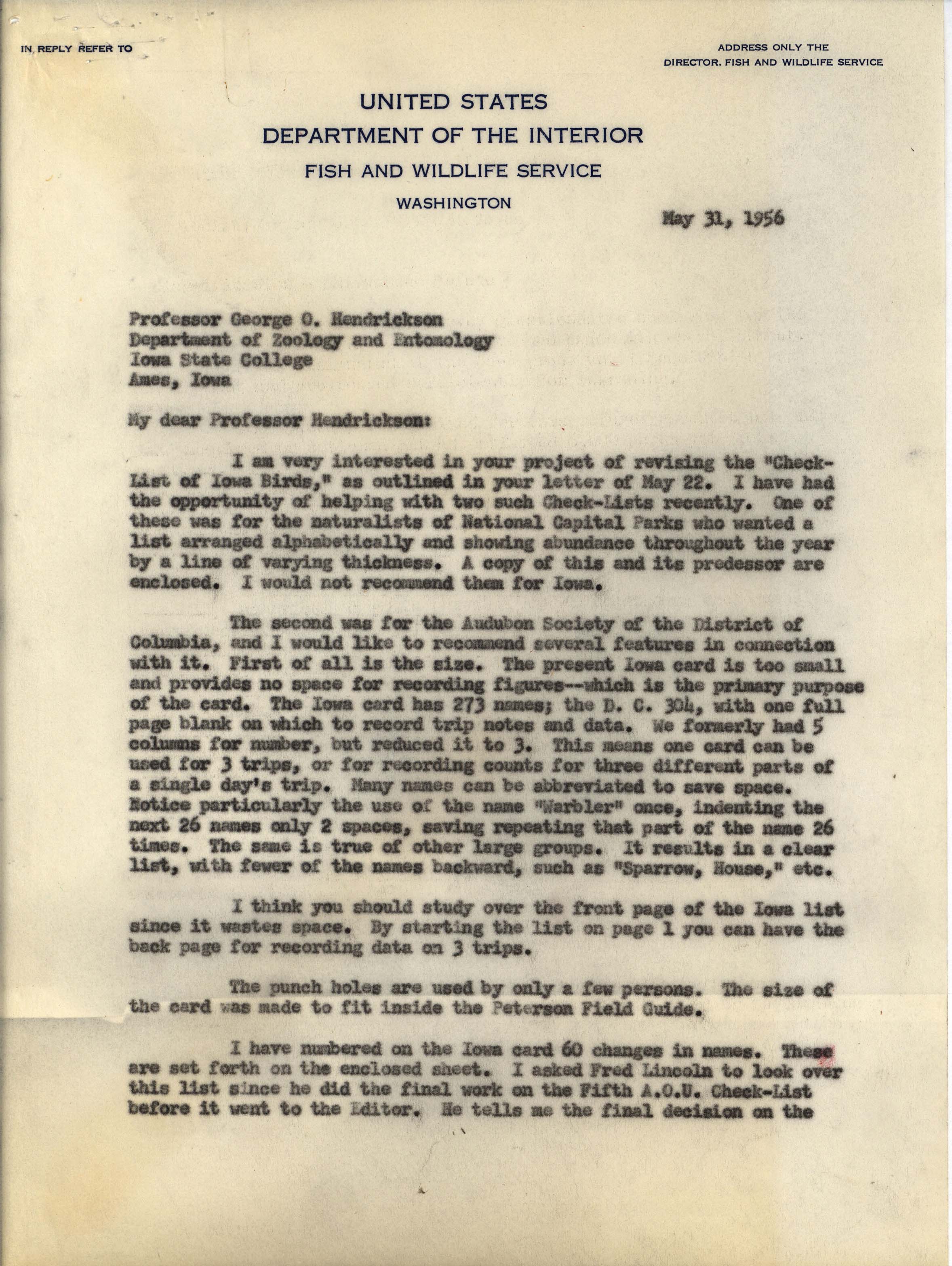 Philip DuMont letter to George Hendrickson regarding revising the Check-List of Iowa Birds, May 31, 1956
