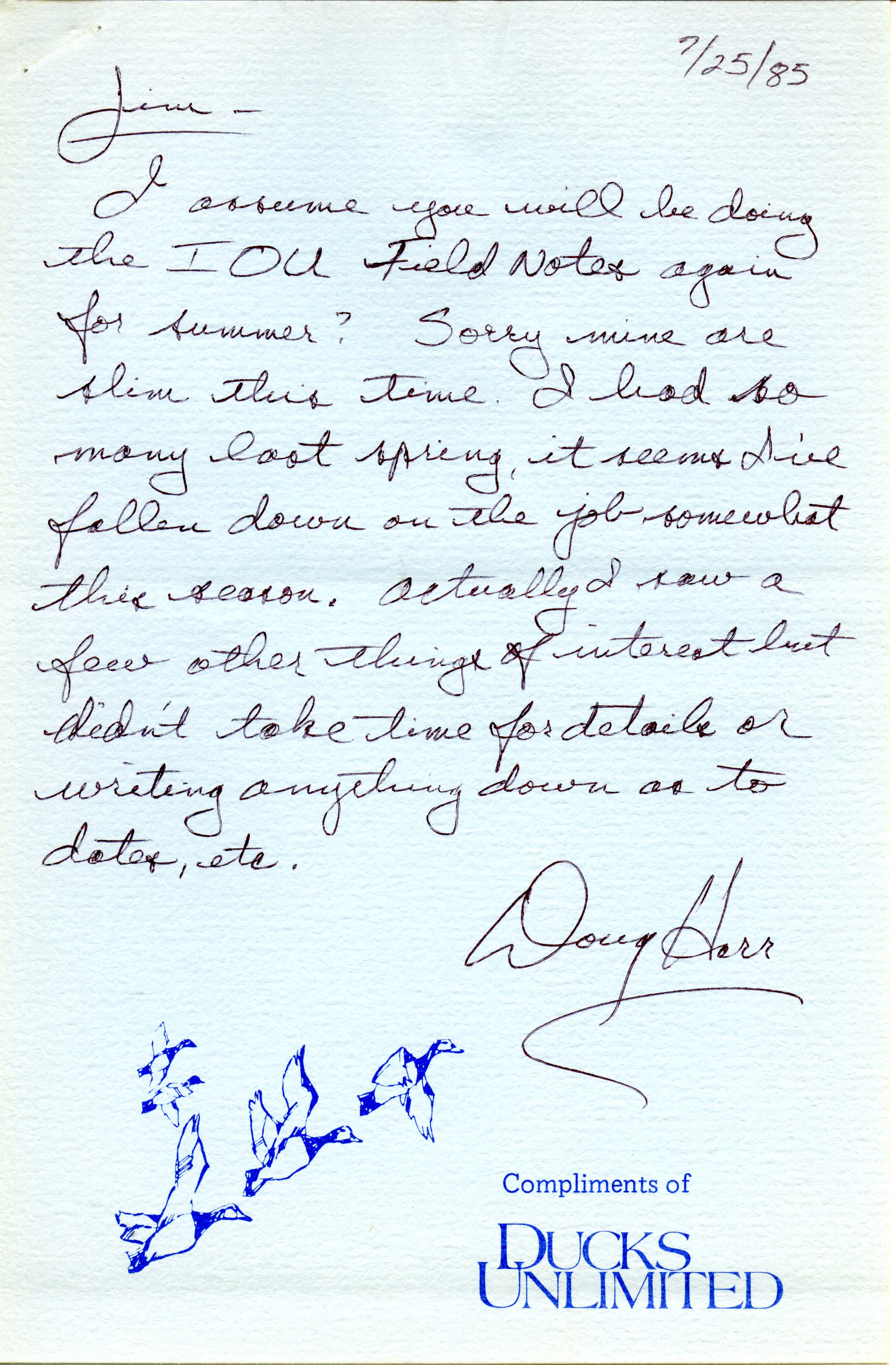 Field notes and Douglas C. Harr letter to James J. Dinsmore regarding bird sightings, July 25, 1985