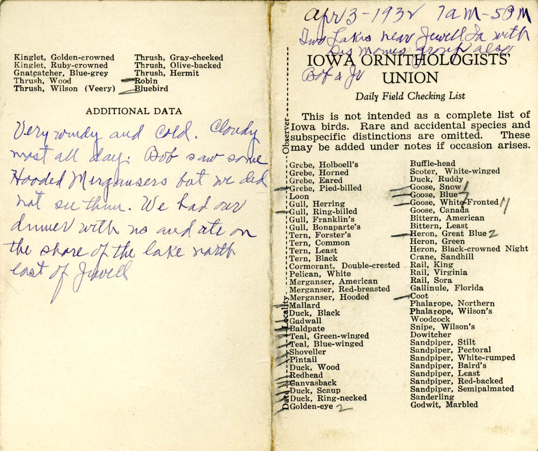 Daily field checking list, Walter Rosene, April 3, 1932
