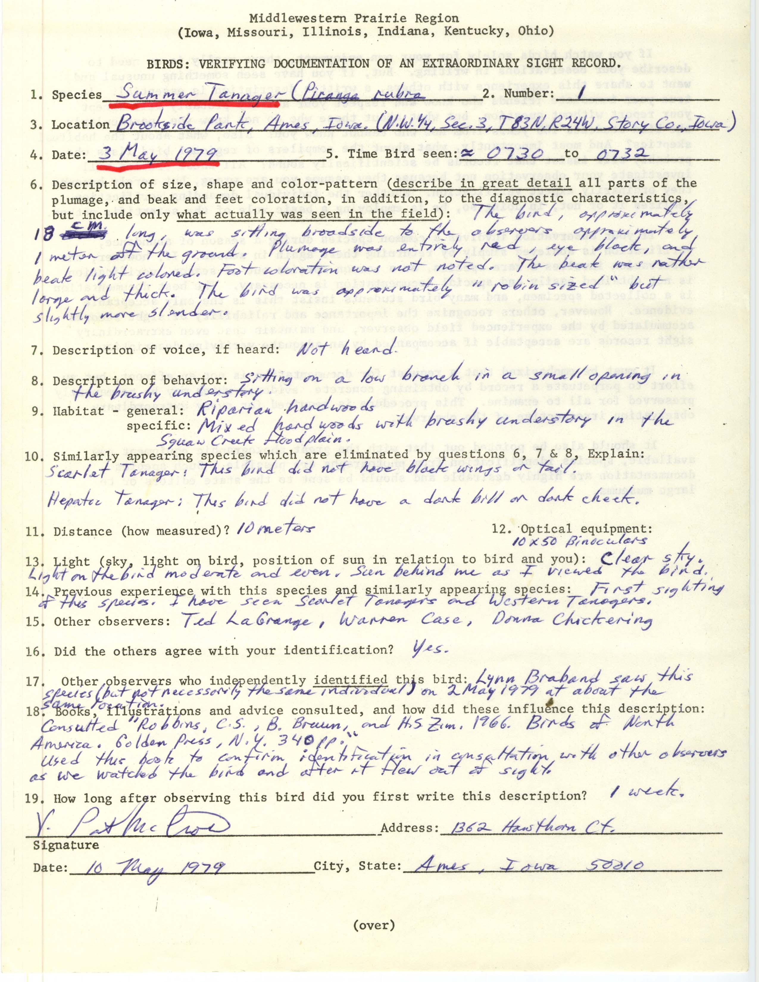 Rare bird documentation form for Summer Tanager at Brookside Park in Ames, 1979