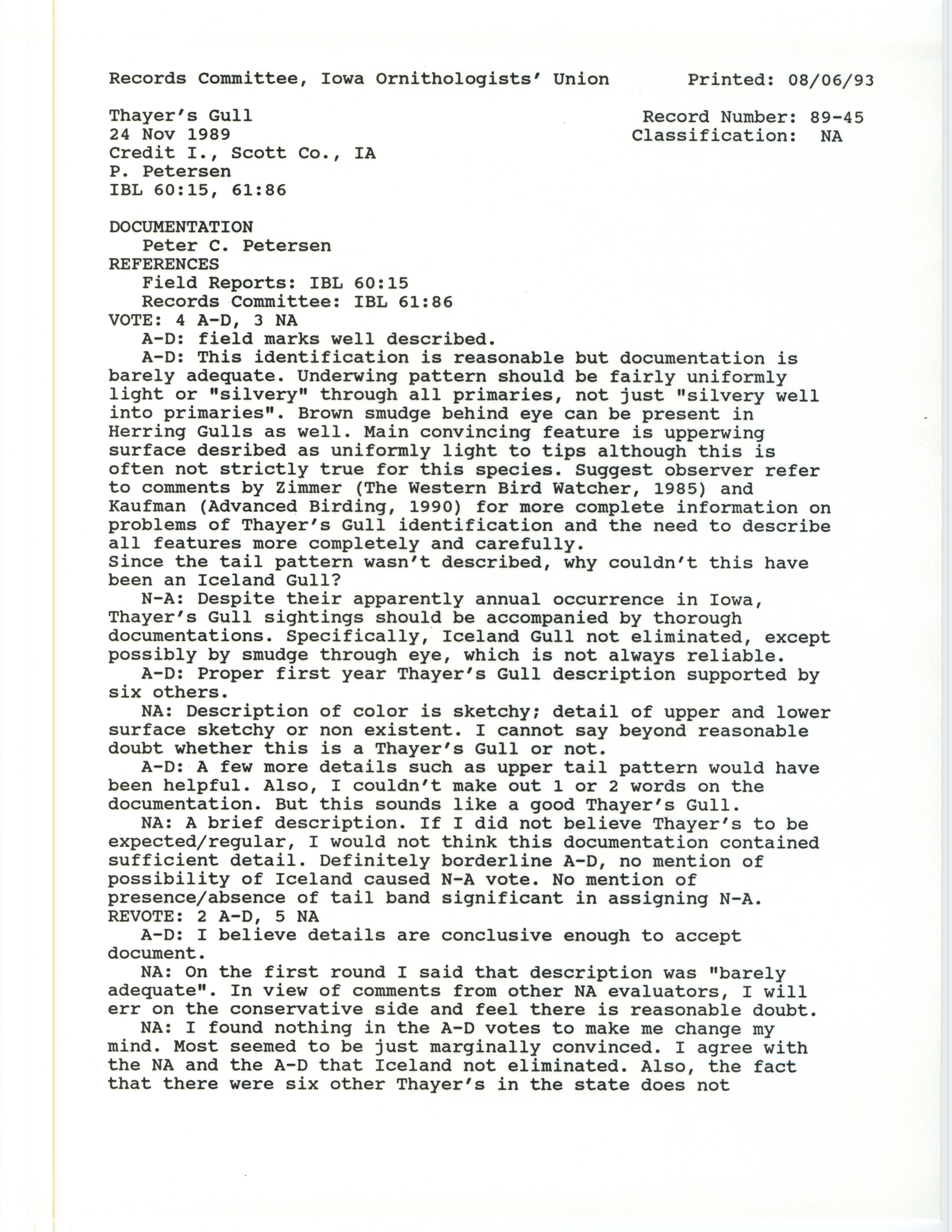 Records Committee review for rare bird sighting of Thayer's Gull at Credit Island, 1989