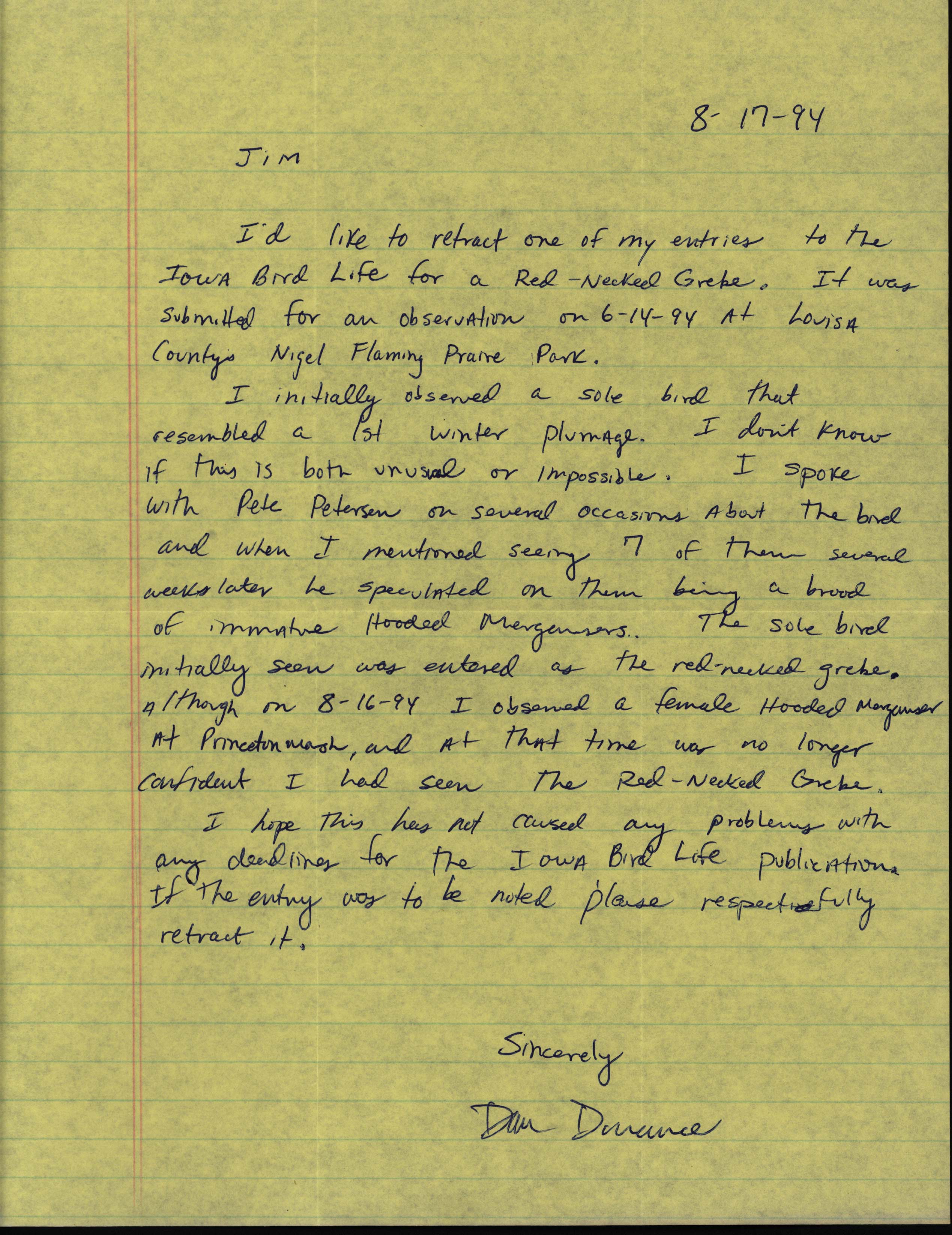 Dan Dorrance letter to Jim Dinsmore regarding Red-necked Grebe sighting, August 17, 1994