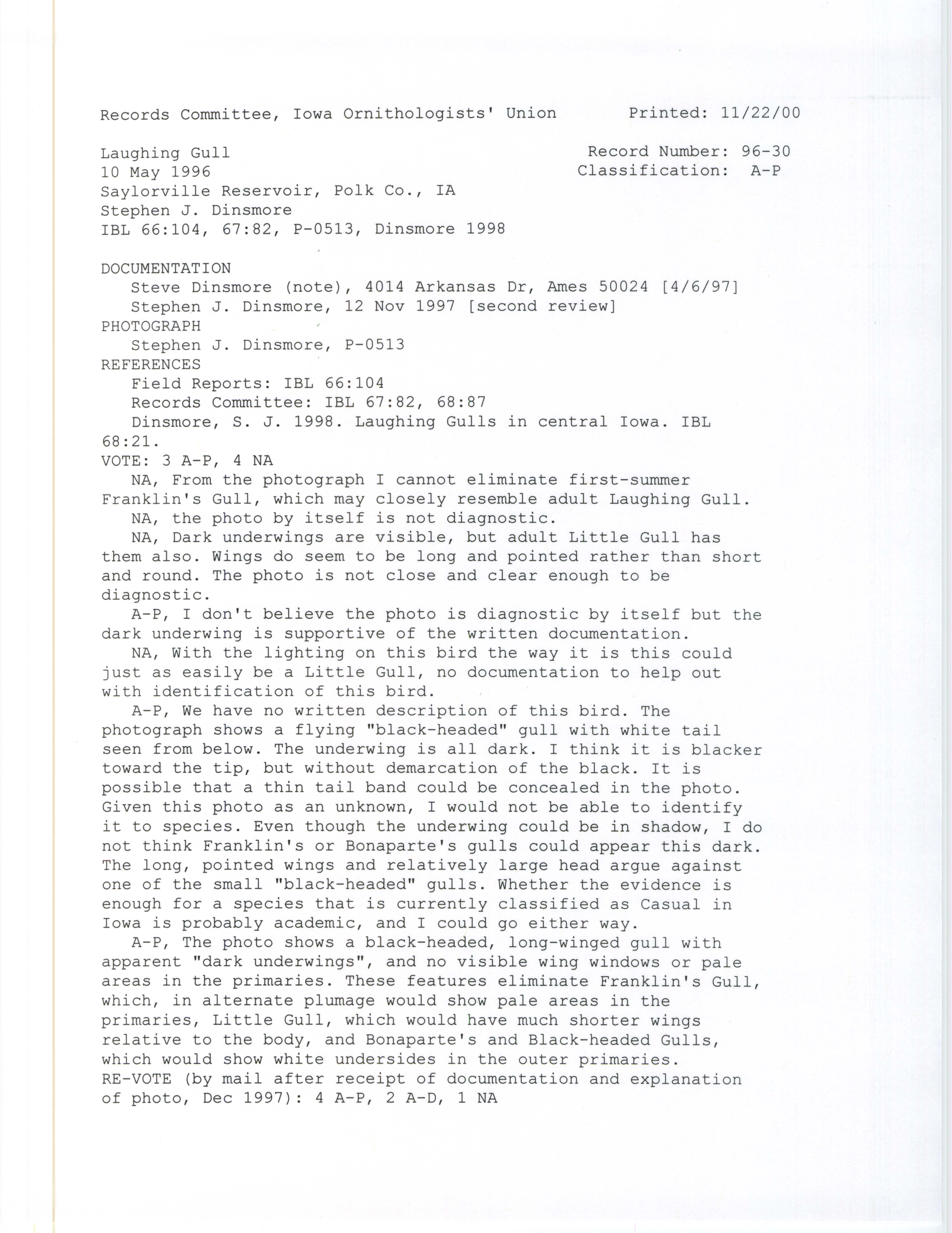 Records Committee review for rare bird sighting of Laughing Gull at Sandpiper Beach at Saylorville Reservoir, 1996