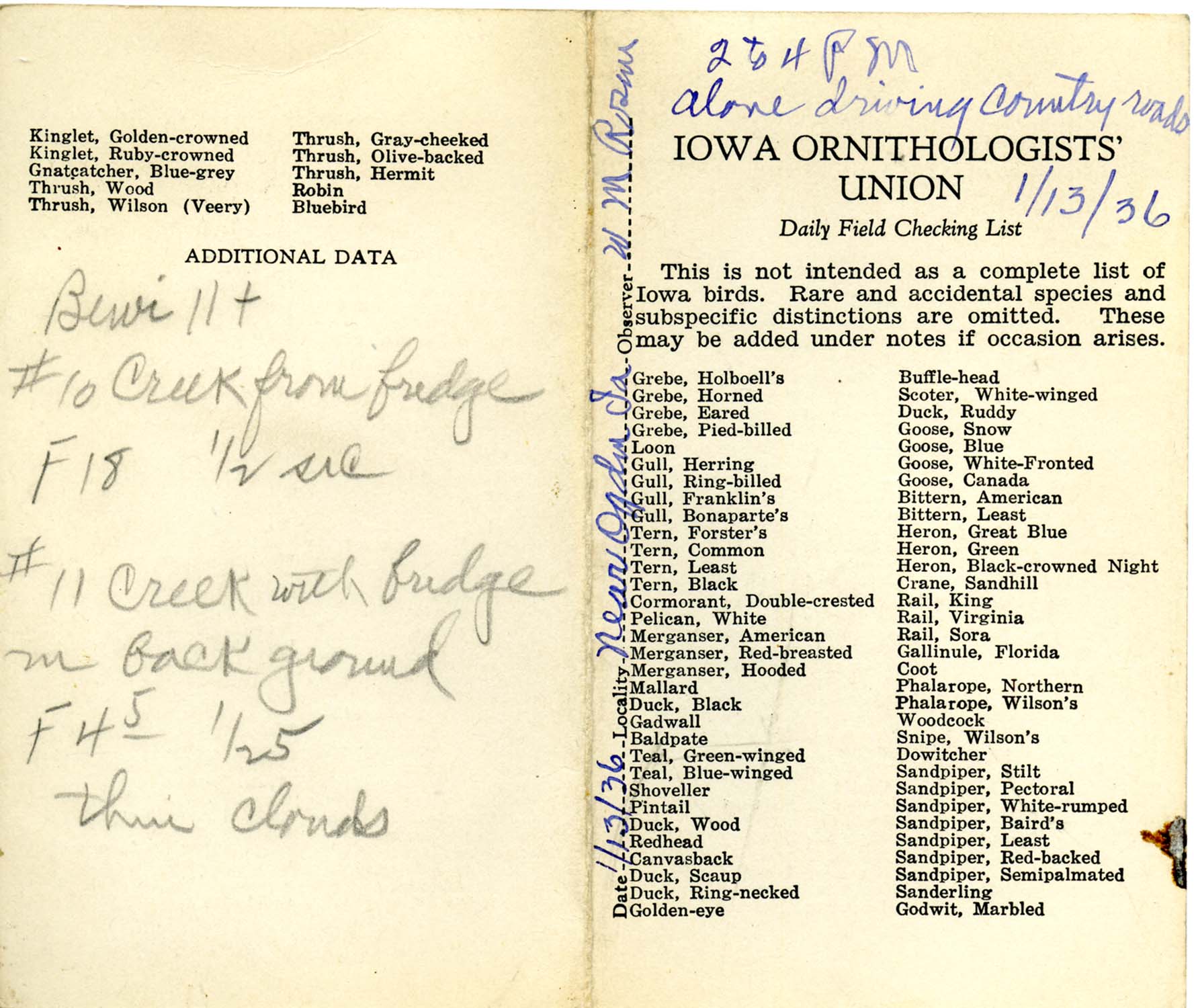 Daily field checking list by Walter Rosene, January 13, 1936