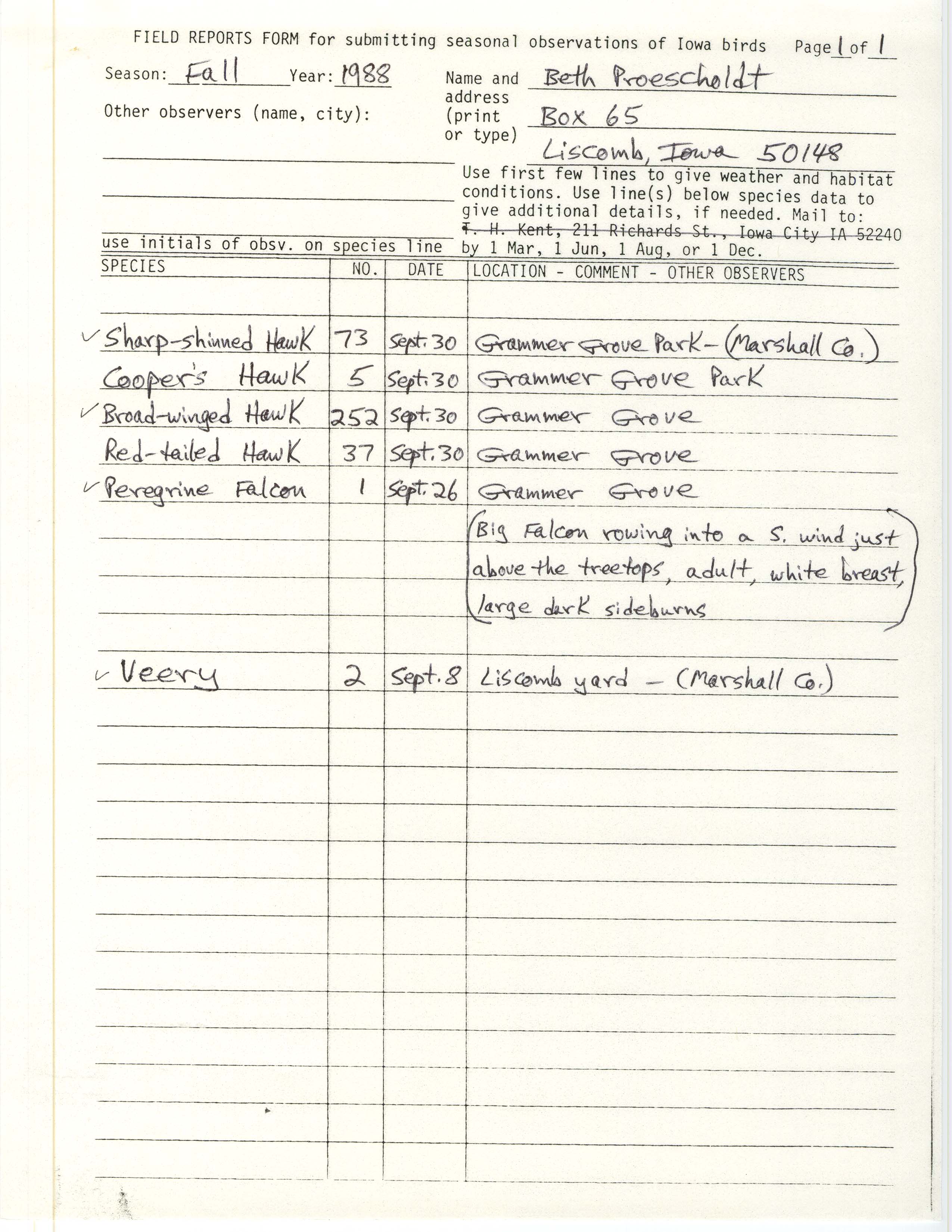 Field reports form for submitting seasonal observations of Iowa birds, Beth Proescholdt, fall 1988