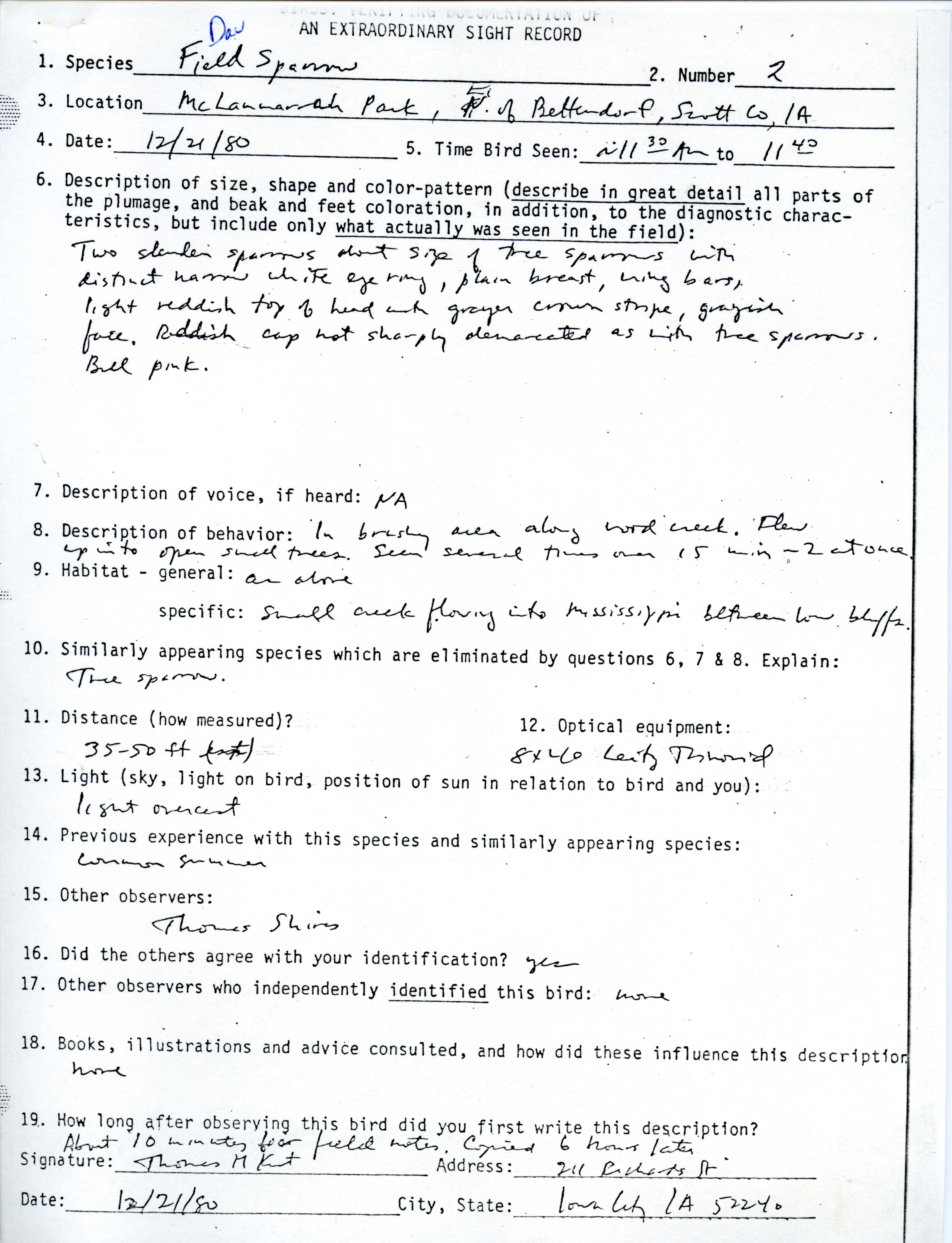 Verifying documentation form for Field Sparrow sighting submitted by Thomas H. Kent, December 21 1980