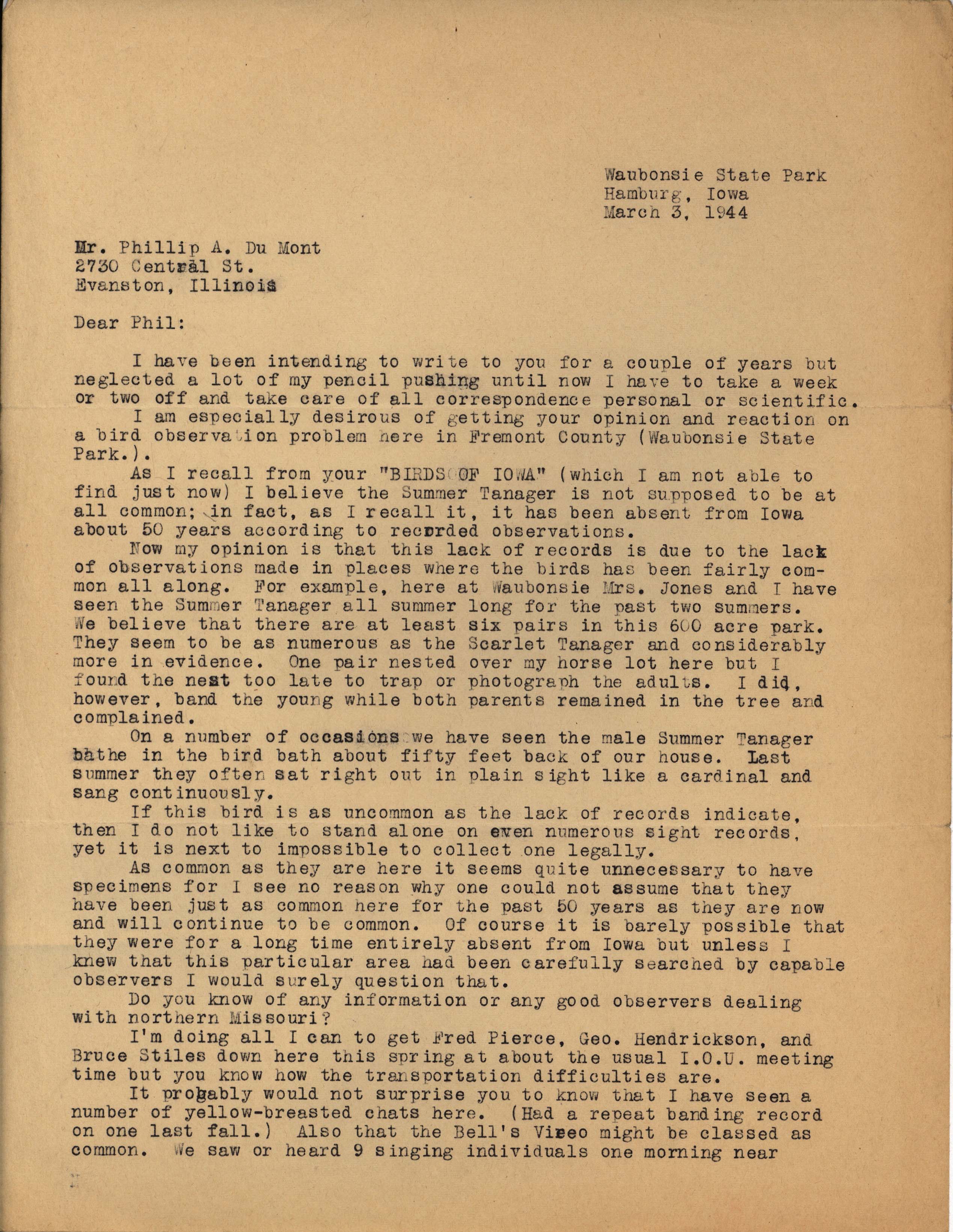 Myrle Jones letter to Philip DuMont regarding rare birds, March 3, 1944