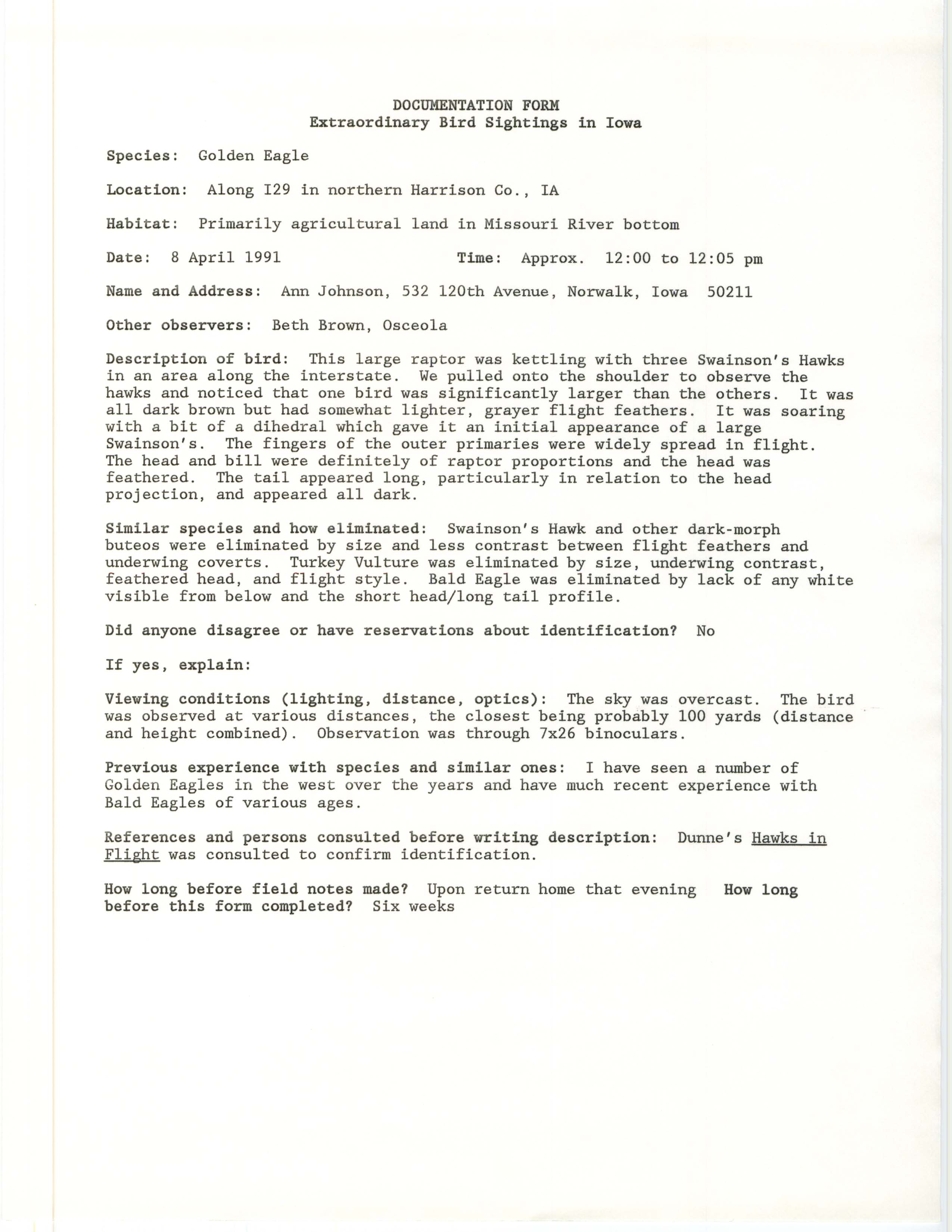 Rare bird documentation form for Golden Eagle in northern Harrison County, 1991