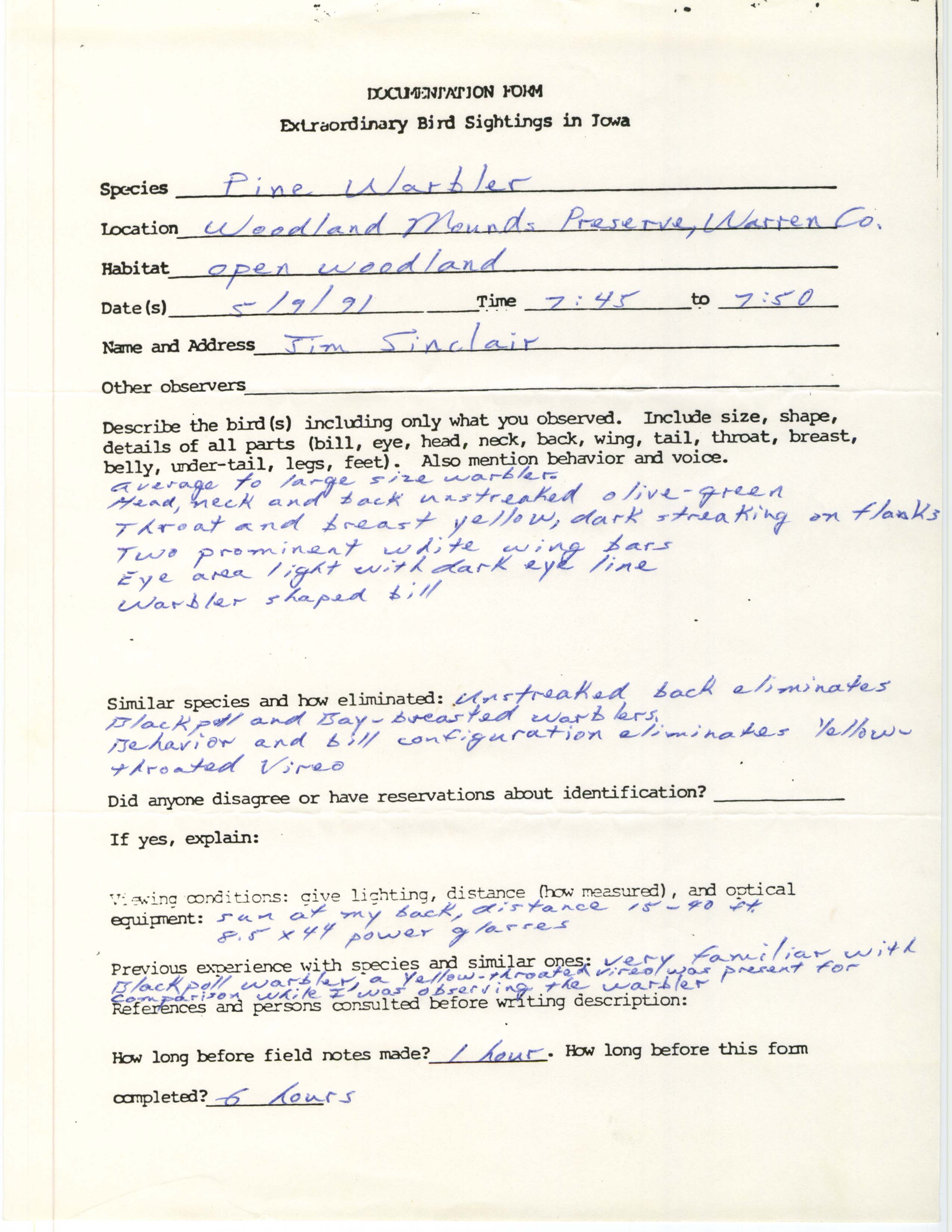 Rare bird documentation form for Pine Warbler at Woodland Mounds State Preserve, 1991