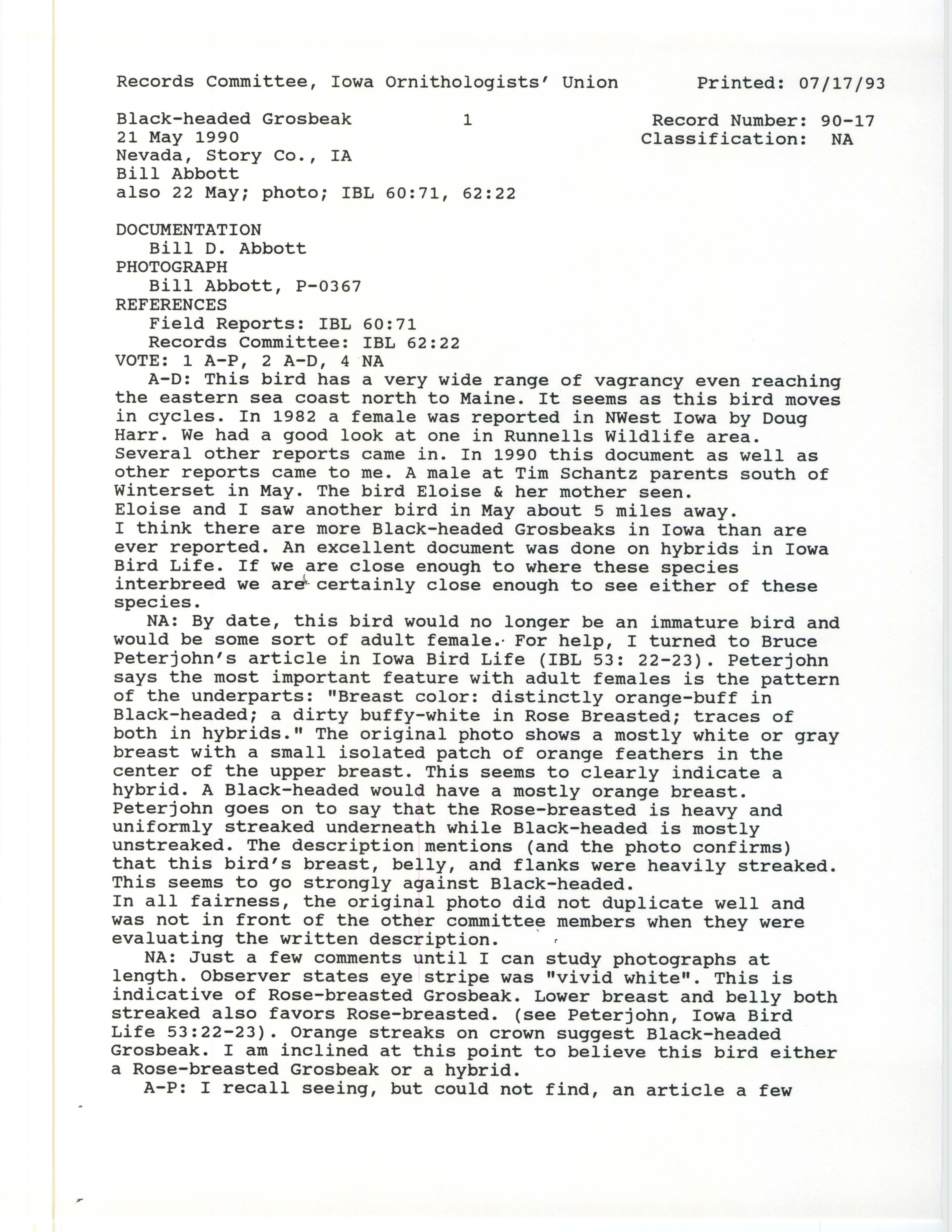 Records Committee review for rare bird sighting for Black-headed Grosbeak at Nevada, 1990