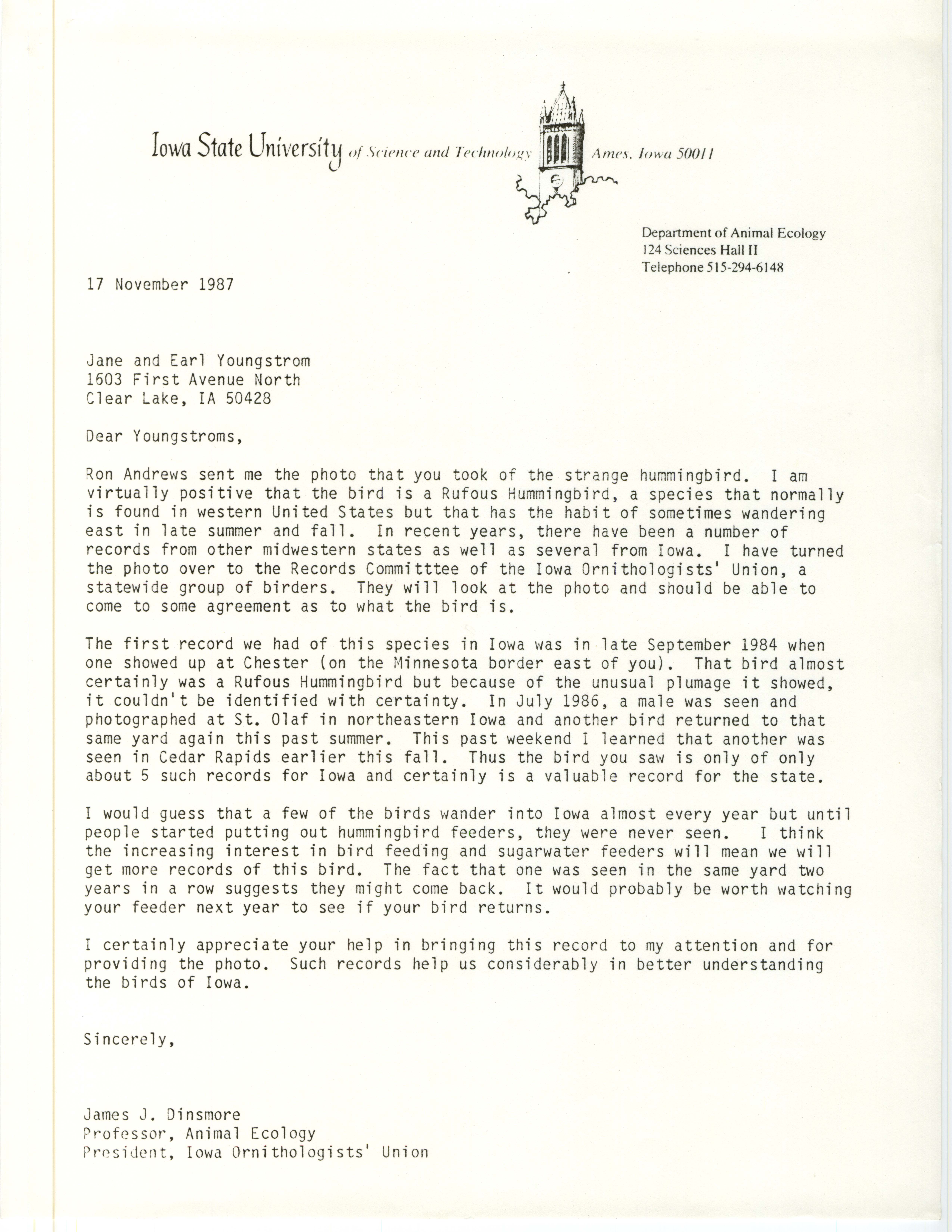 James J. Dinsmore letter to Jane Youngstrom and Earl Youngstrom regarding a Rufous Hummingbird sighting, November 17, 1987