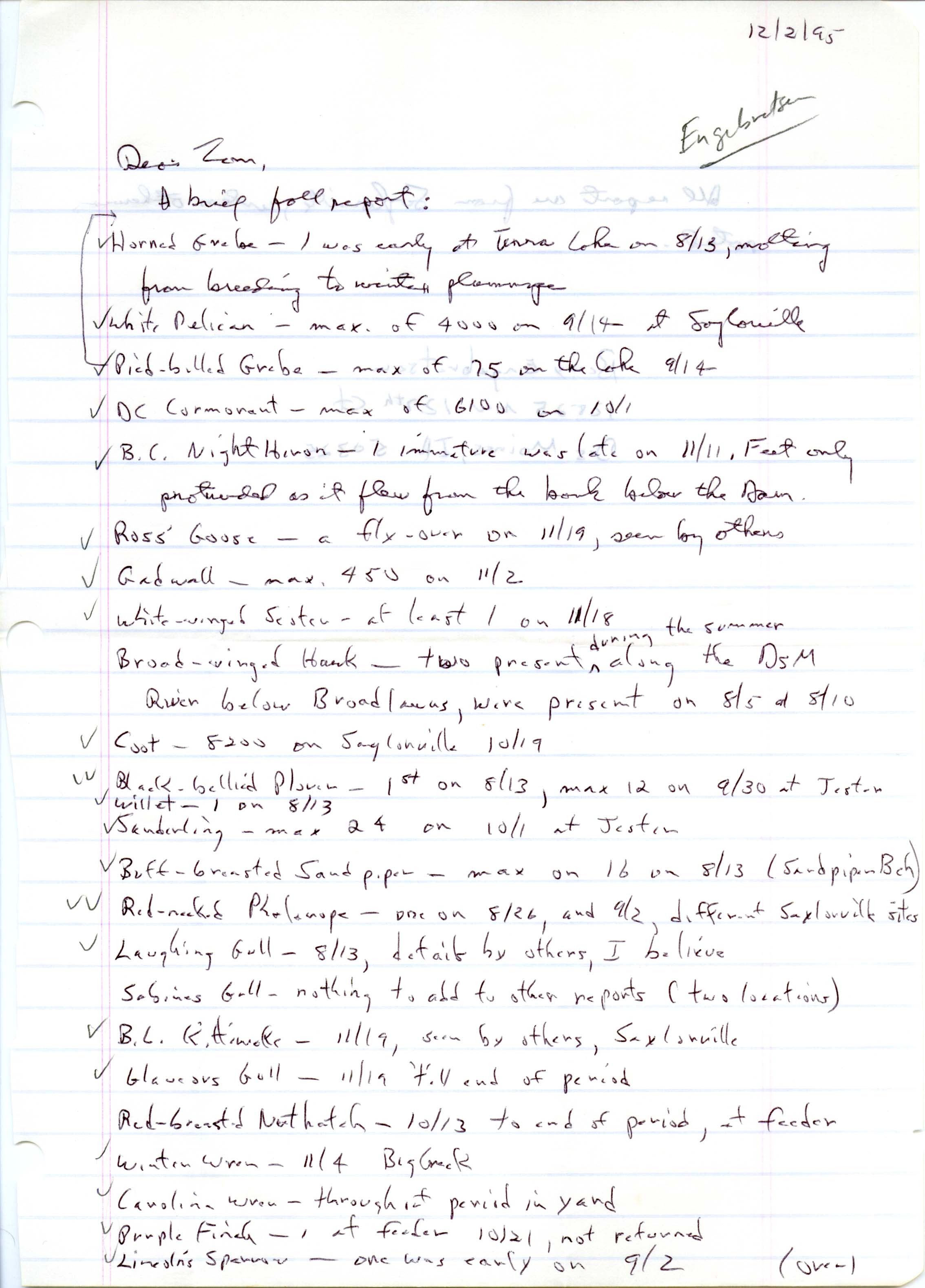Bery Engebretsen letter to Thomas H. Kent regarding bird sightings, December 2, 1995