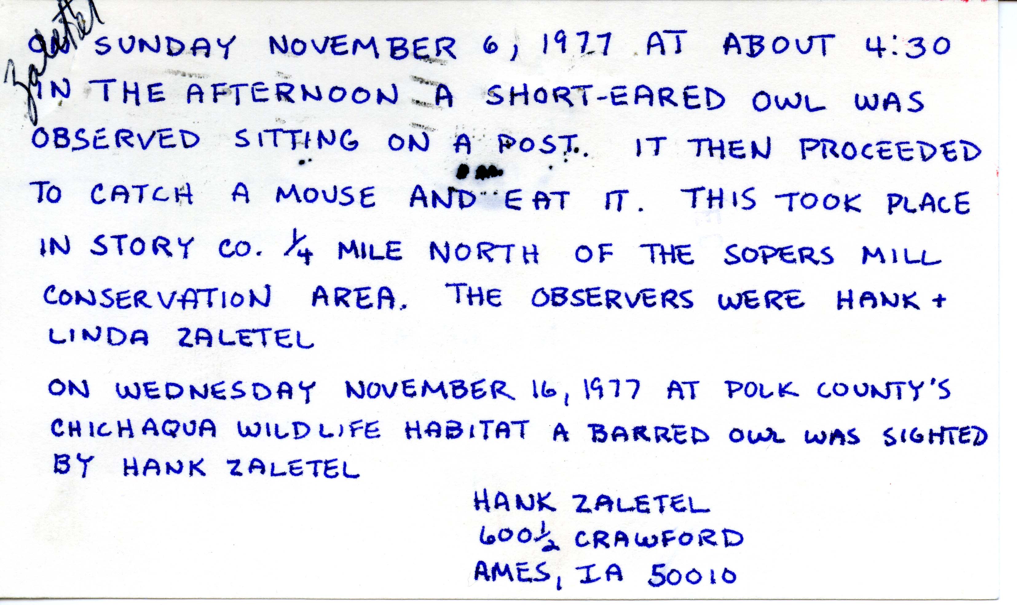 Field notes and Linda Zaletel and Marilyn Smith Glasson letter to Nicholas S. Halmi regarding bird banding, November 29, 1977
