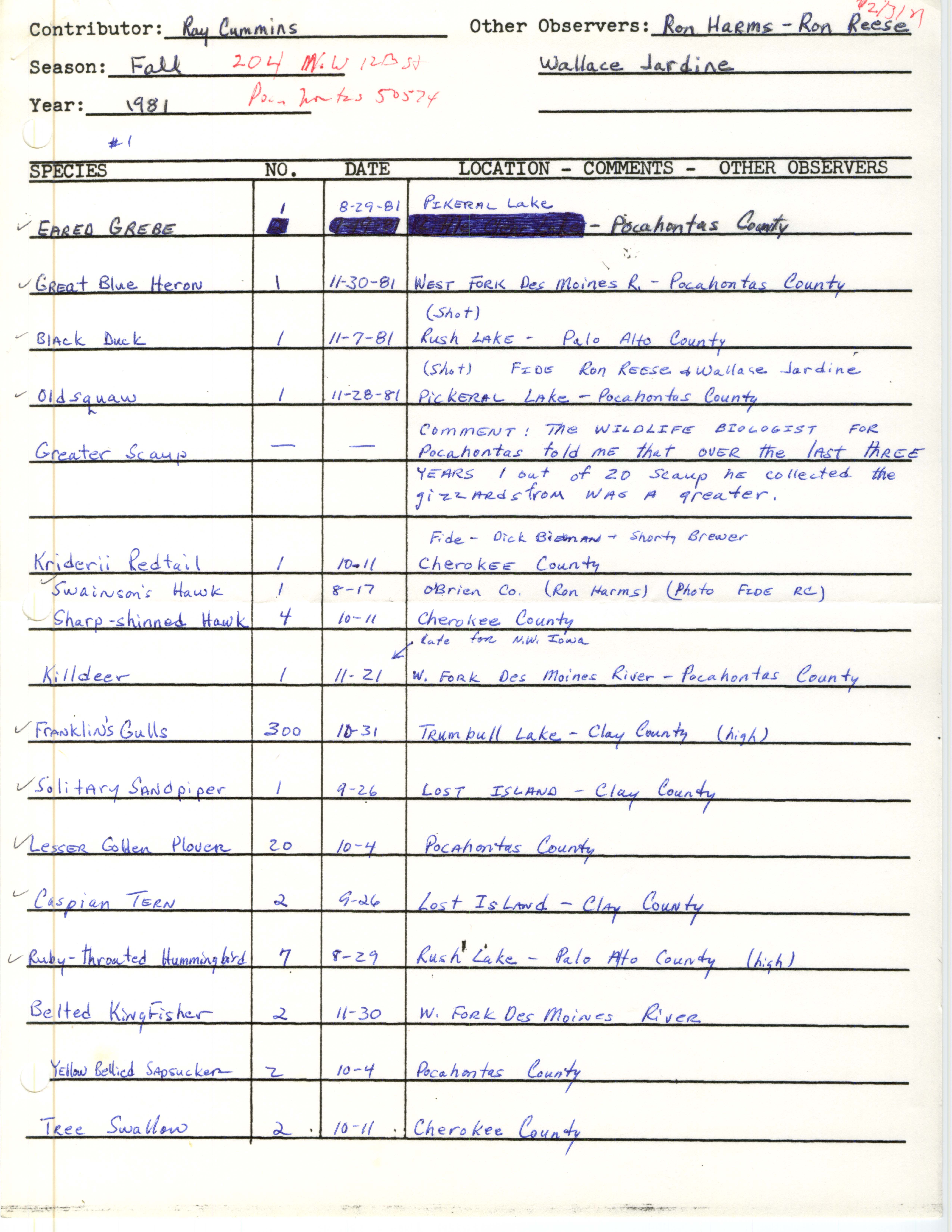 Field notes contributed by Raymond L. Cummins with verifying documentation, fall 1981