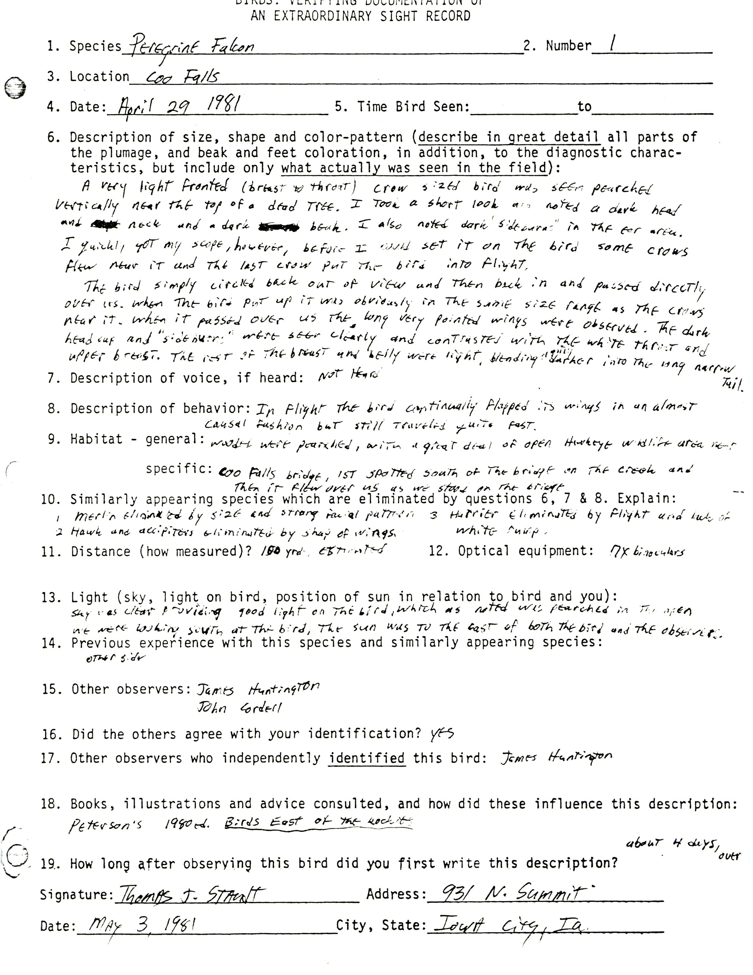 Rare bird documentation form for Peregrine Falcon at Cou Falls, 1981