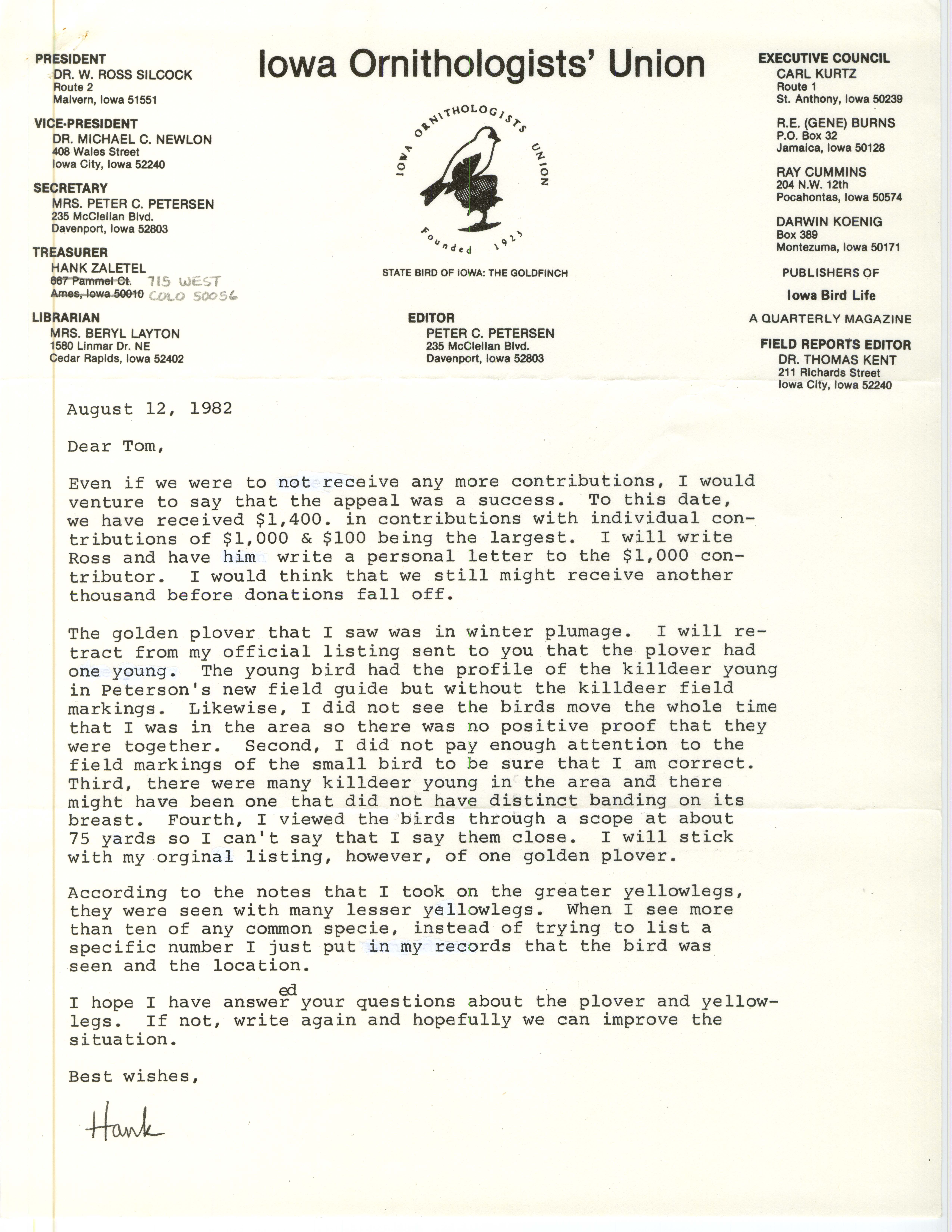 Hank Zaletel letter to Thomas H. Kent regarding a report of a Golden Plover, August 12, 1982