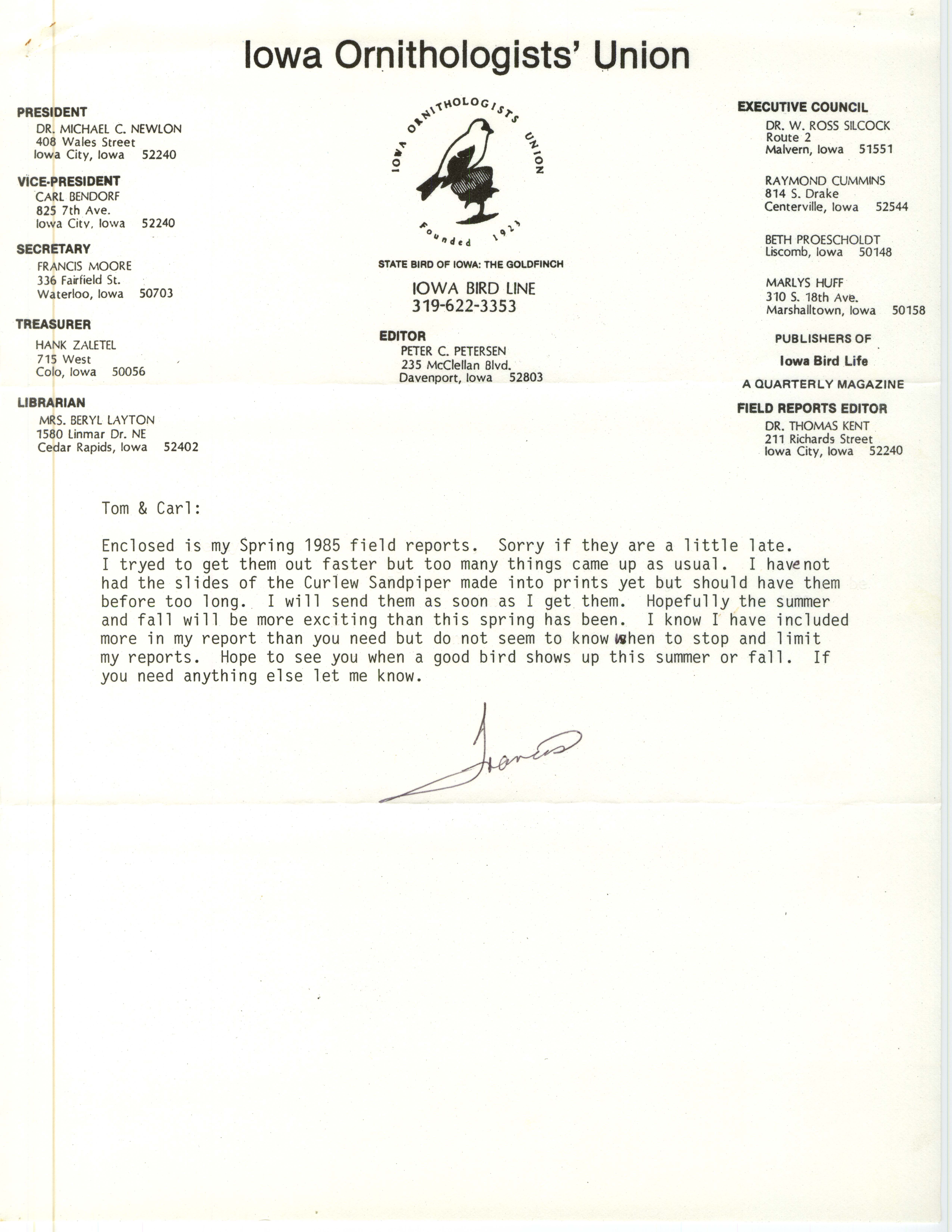 Francis L. Moore letter to Thomas H. Kent and Carl J. Bendorf regarding bird sightings, spring 1985