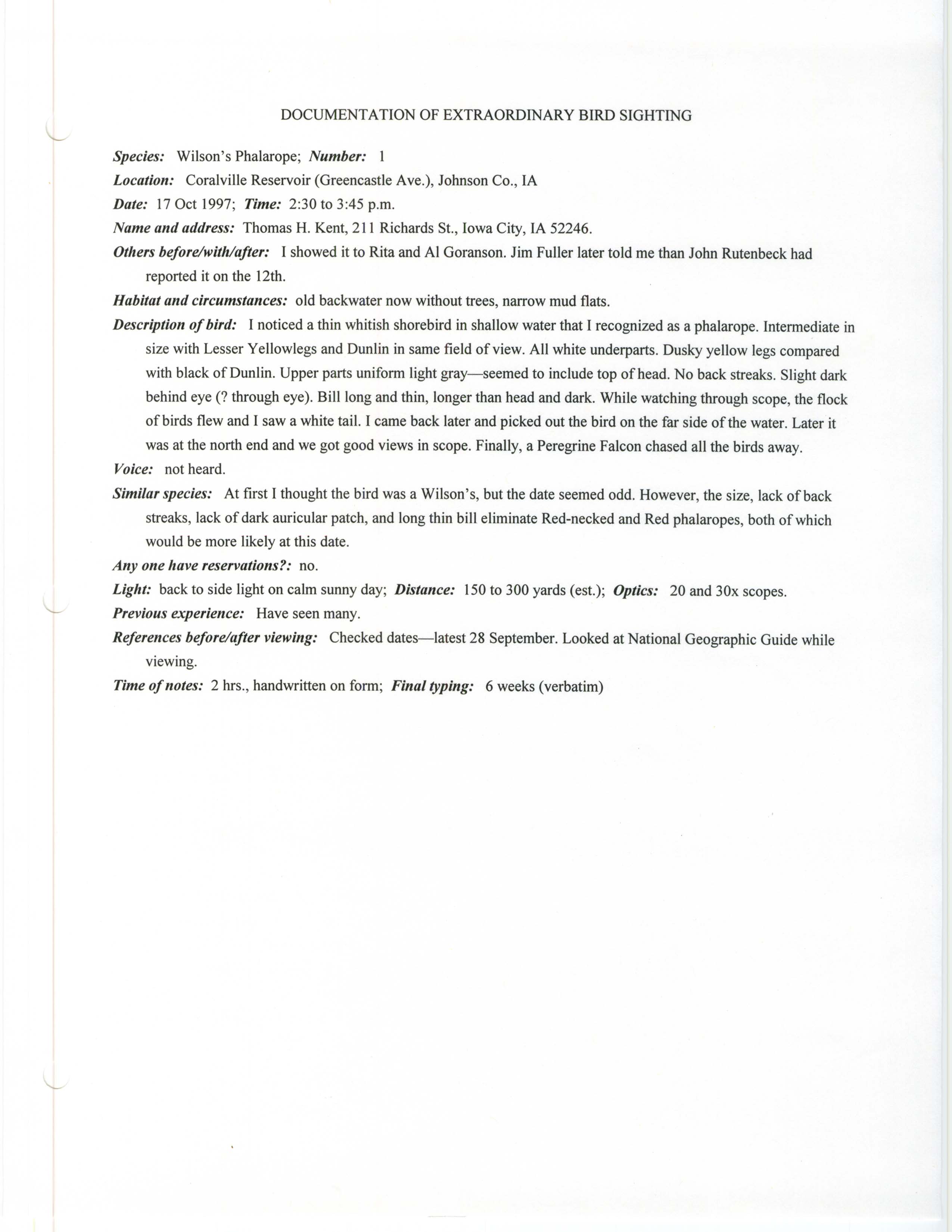 Rare bird documentation form for Wilson's Phalarope at Coralville Reservoir, 1997