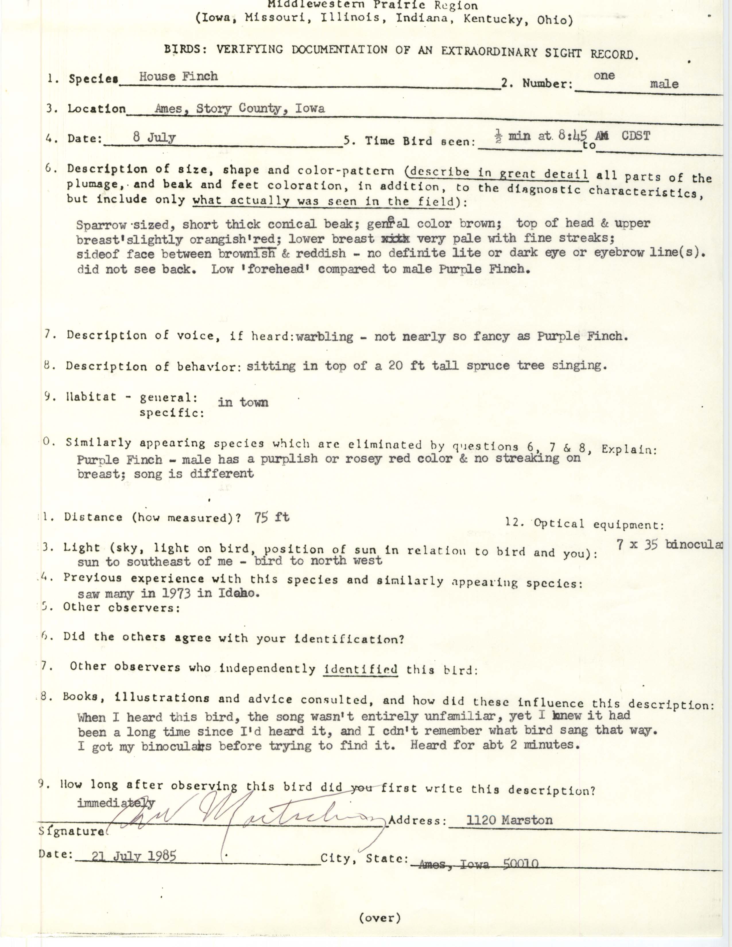 Rare bird documentation form for House Finch at Ames, 1985