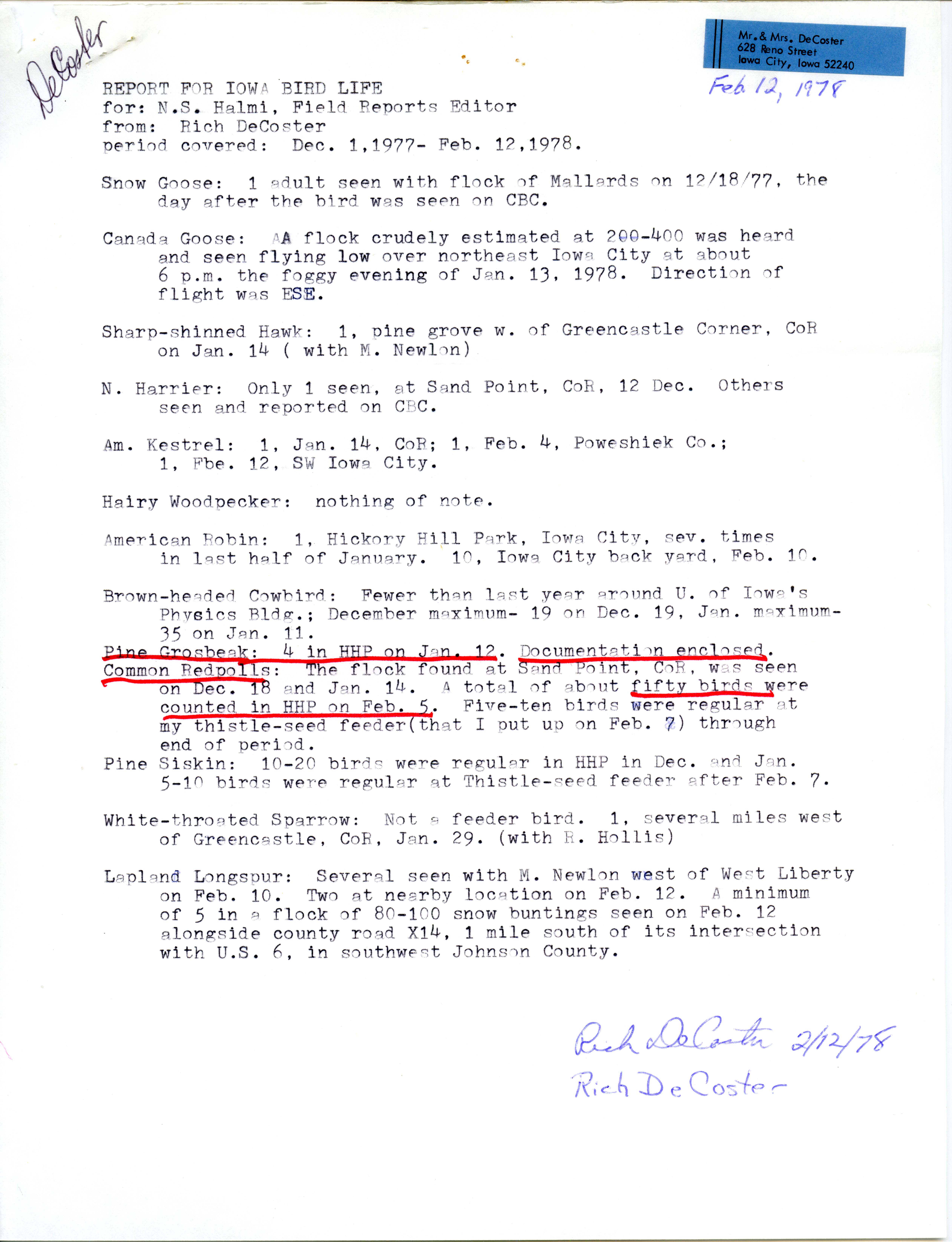 Rich DeCoster letter to Nicholas S. Halmi, regarding bird sightings, March 1, 1978 and report for Iowa bird life