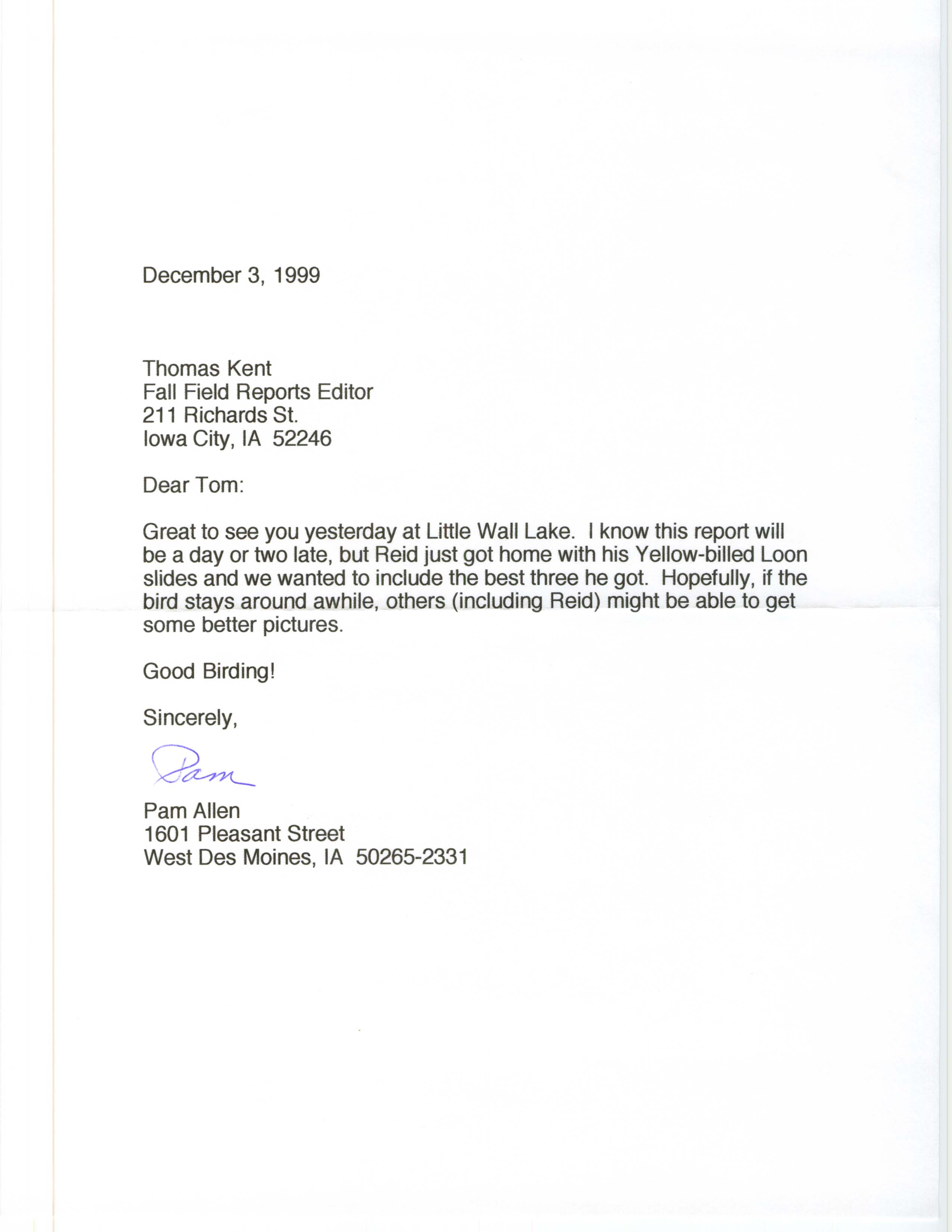 Pam Allen letter to Thomas Kent regarding Yellow-billed Loon slides, December 3, 1999