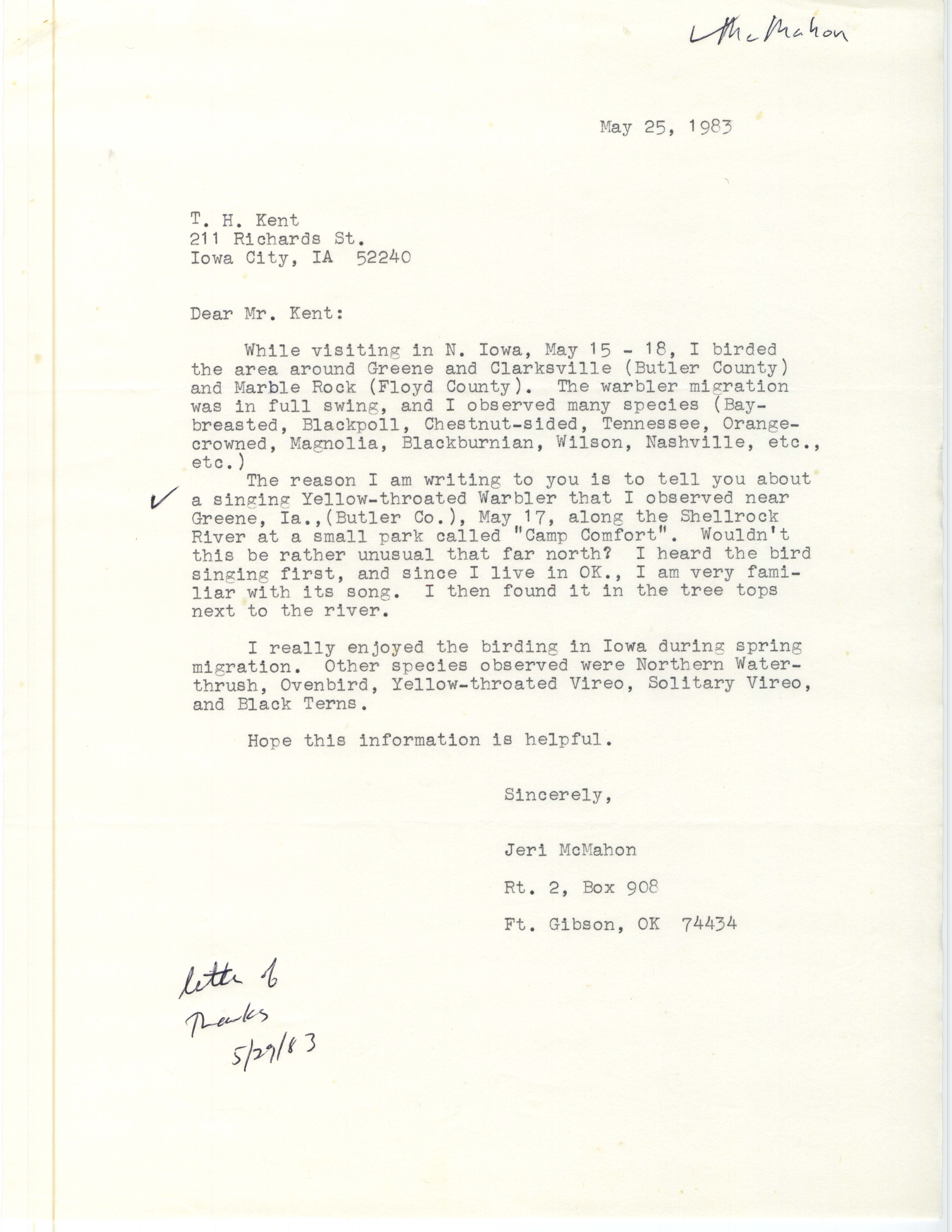 Jeri McMahon letter to Thomas H. Kent regarding bird sightings while visiting Iowa, May 25, 1983