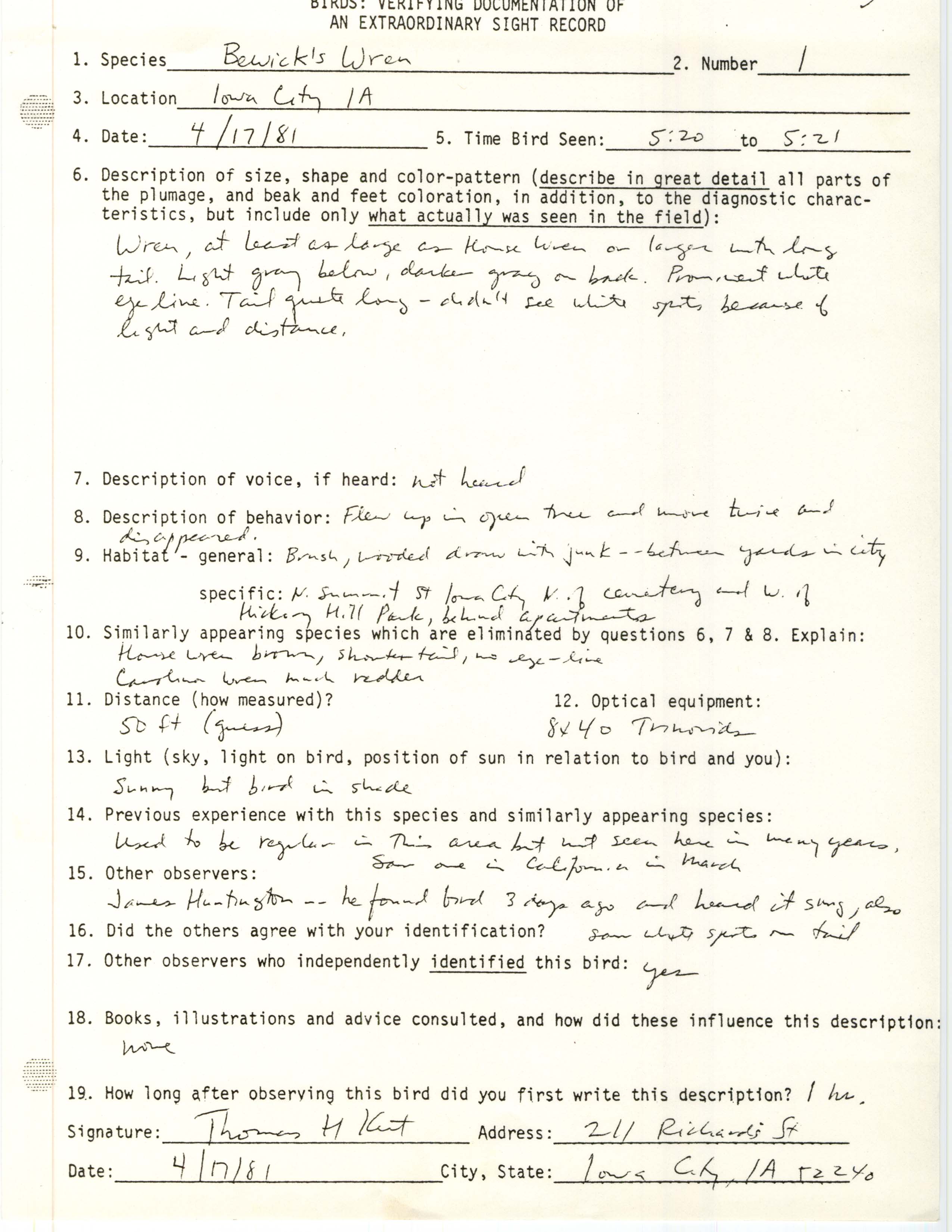 Rare bird documentation form for Bewick's Wren at Iowa City, 1981