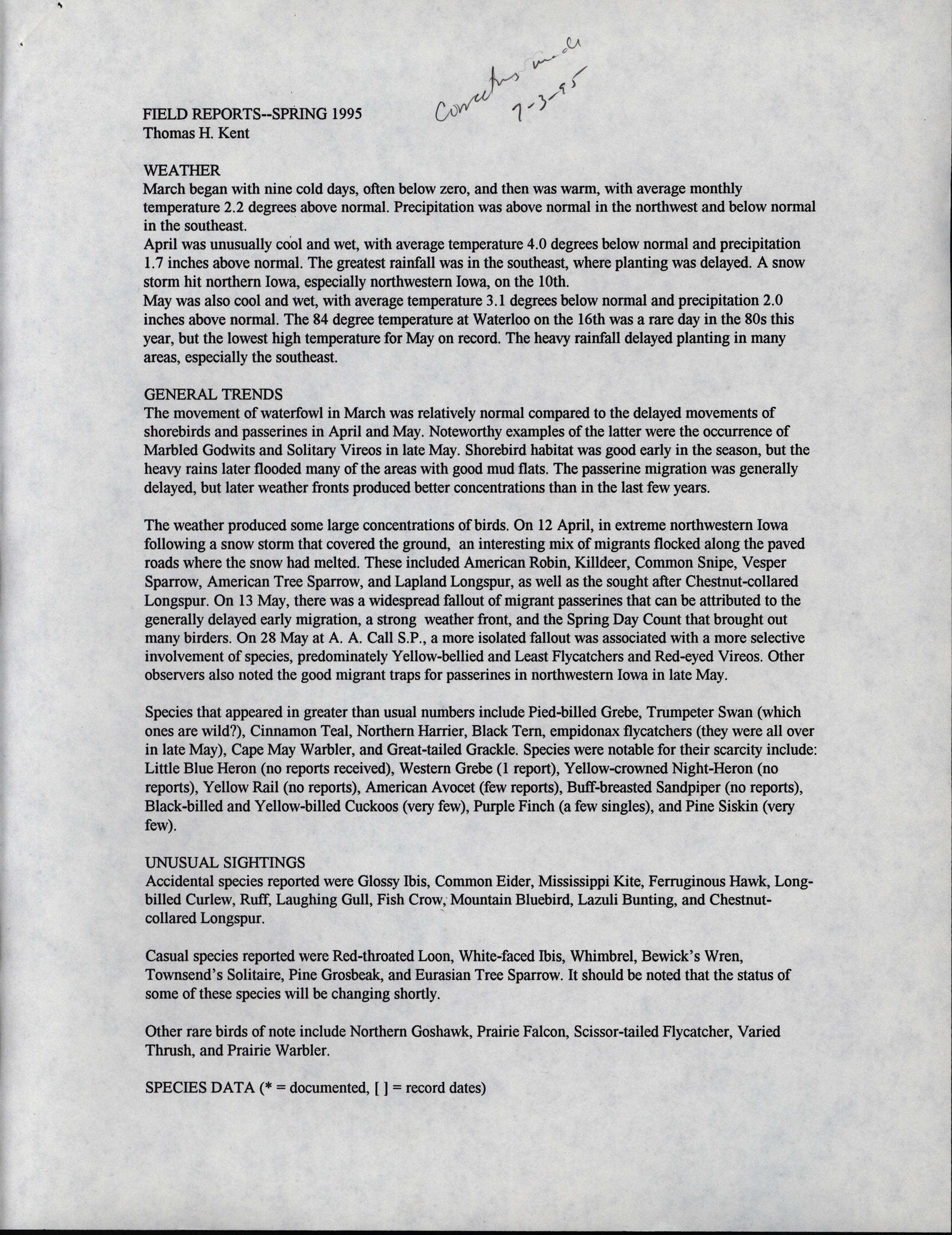 Iowa Ornithologists' Union, Quarterly field report, spring 1995