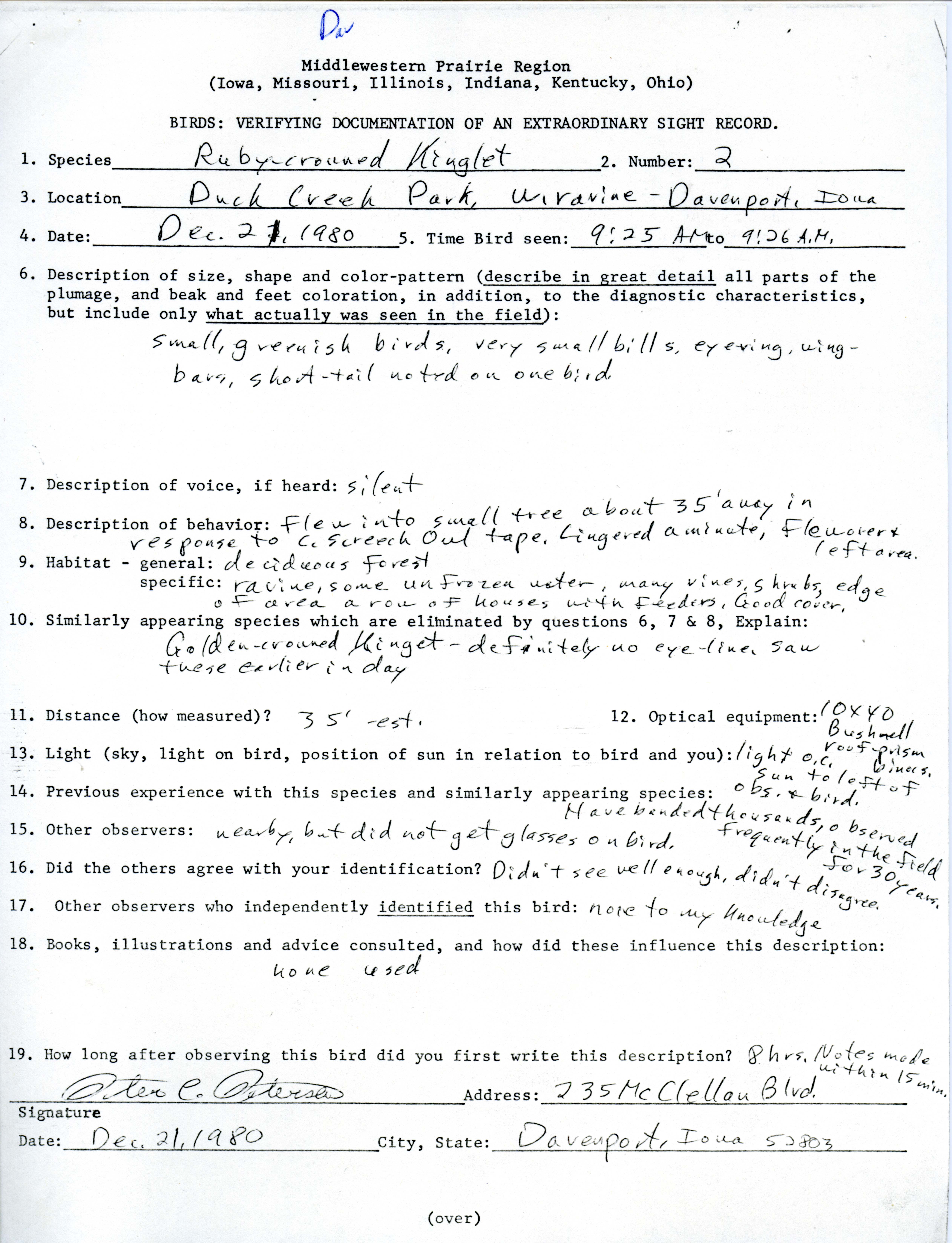 Verifying documentation form for Ruby-crowned Kinglet sighting submitted by Peter C. Peterson, December 21 1980