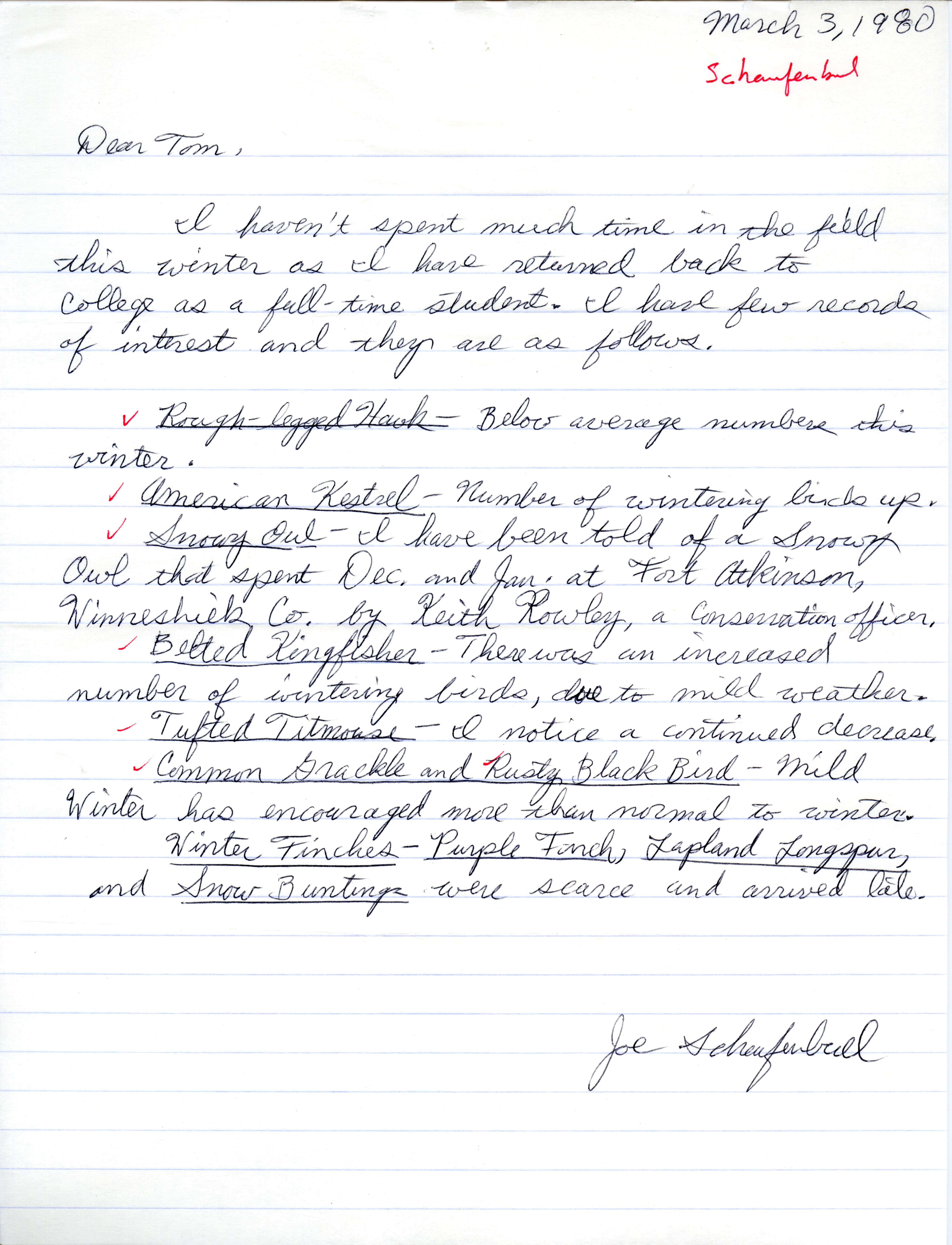 Joseph P. Schaufenbuel letter to Thomas H. Kent regarding bird sightings, March 3, 1980