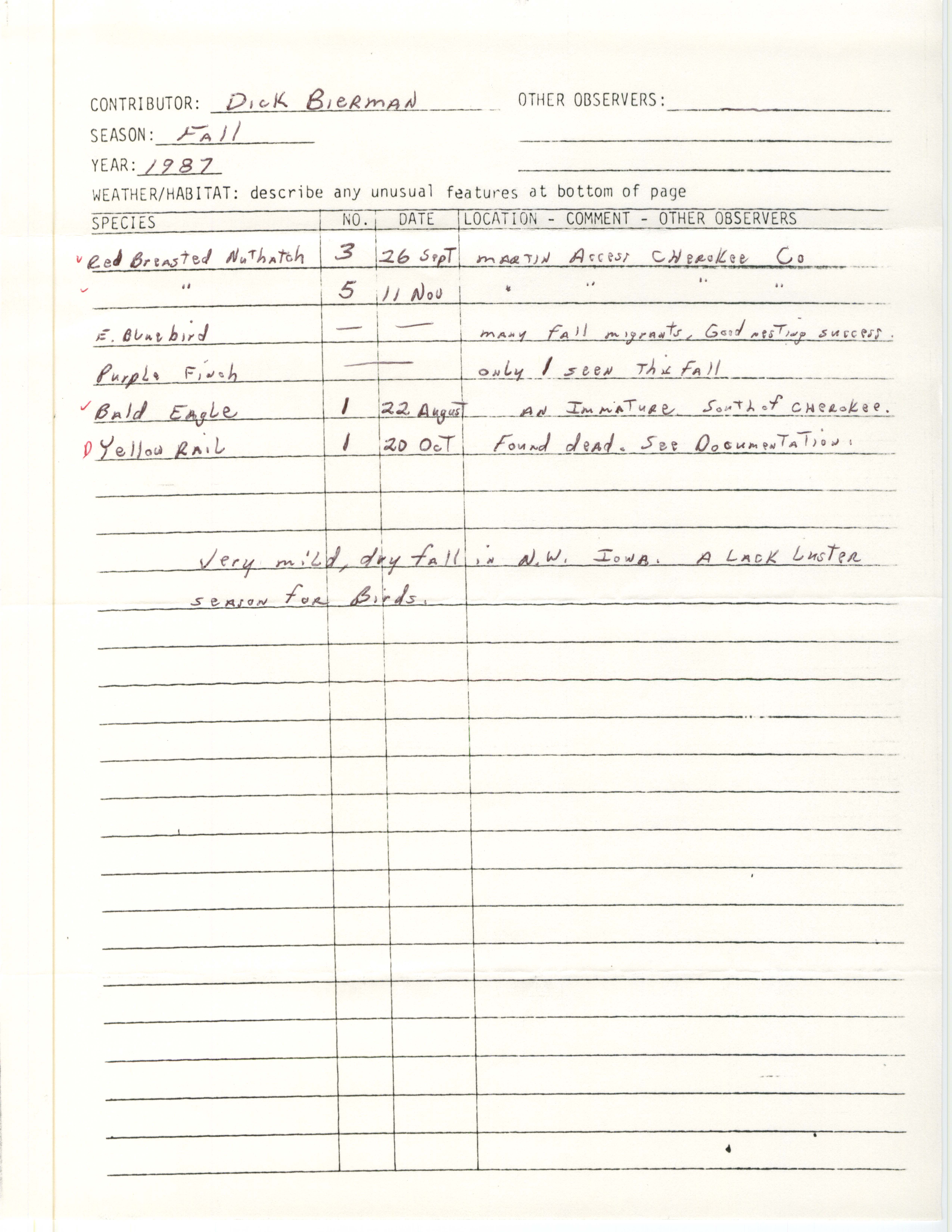Field notes contributed by Dick Bierman, fall 1987