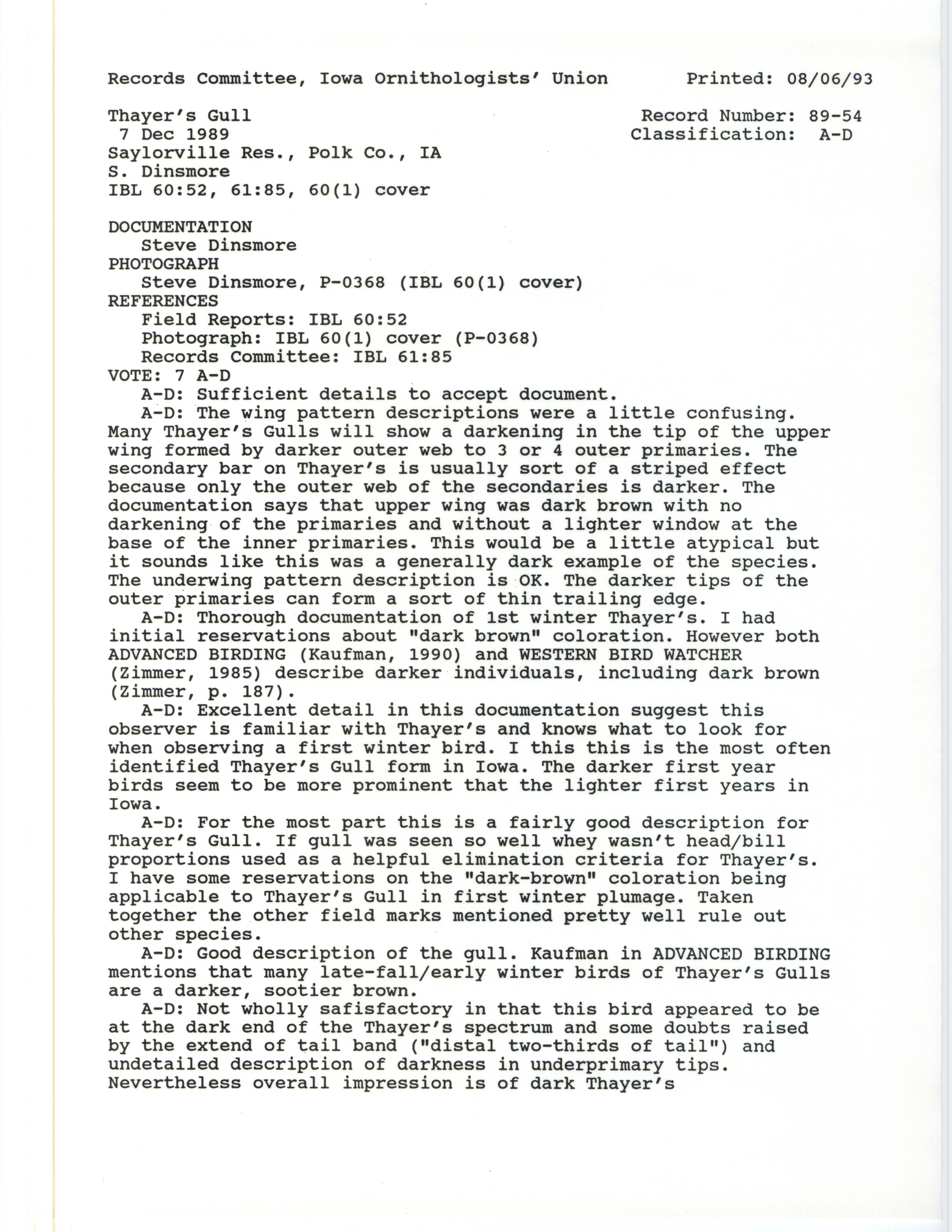Records Committee review for rare bird sighting of Thayer's Gull at Saylorville Dam, 1989
