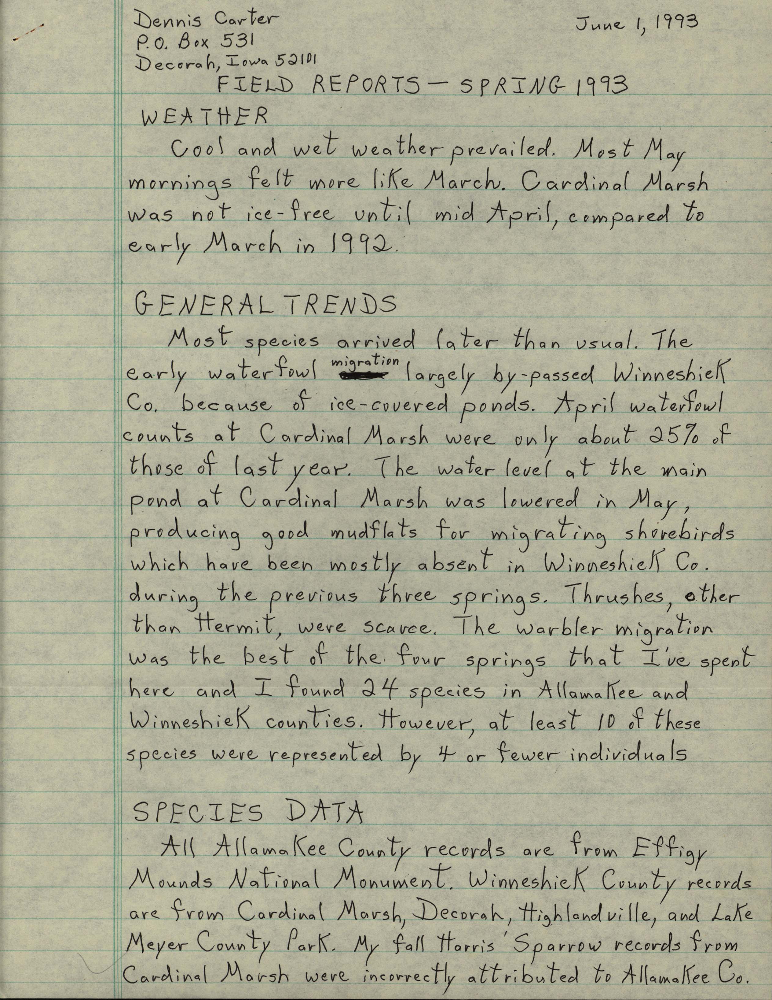 Field reports, Spring 1993, Dennis Carter