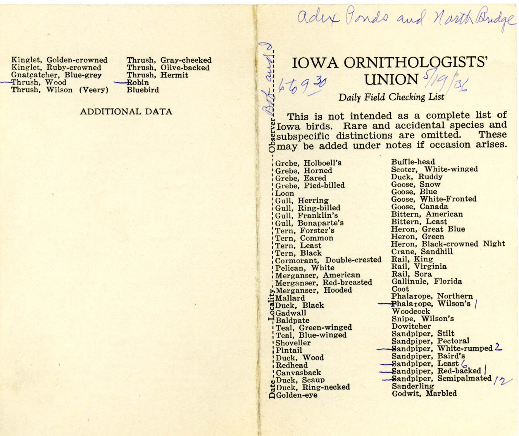 Daily field checking list, Walter Rosene, May 19, 1936