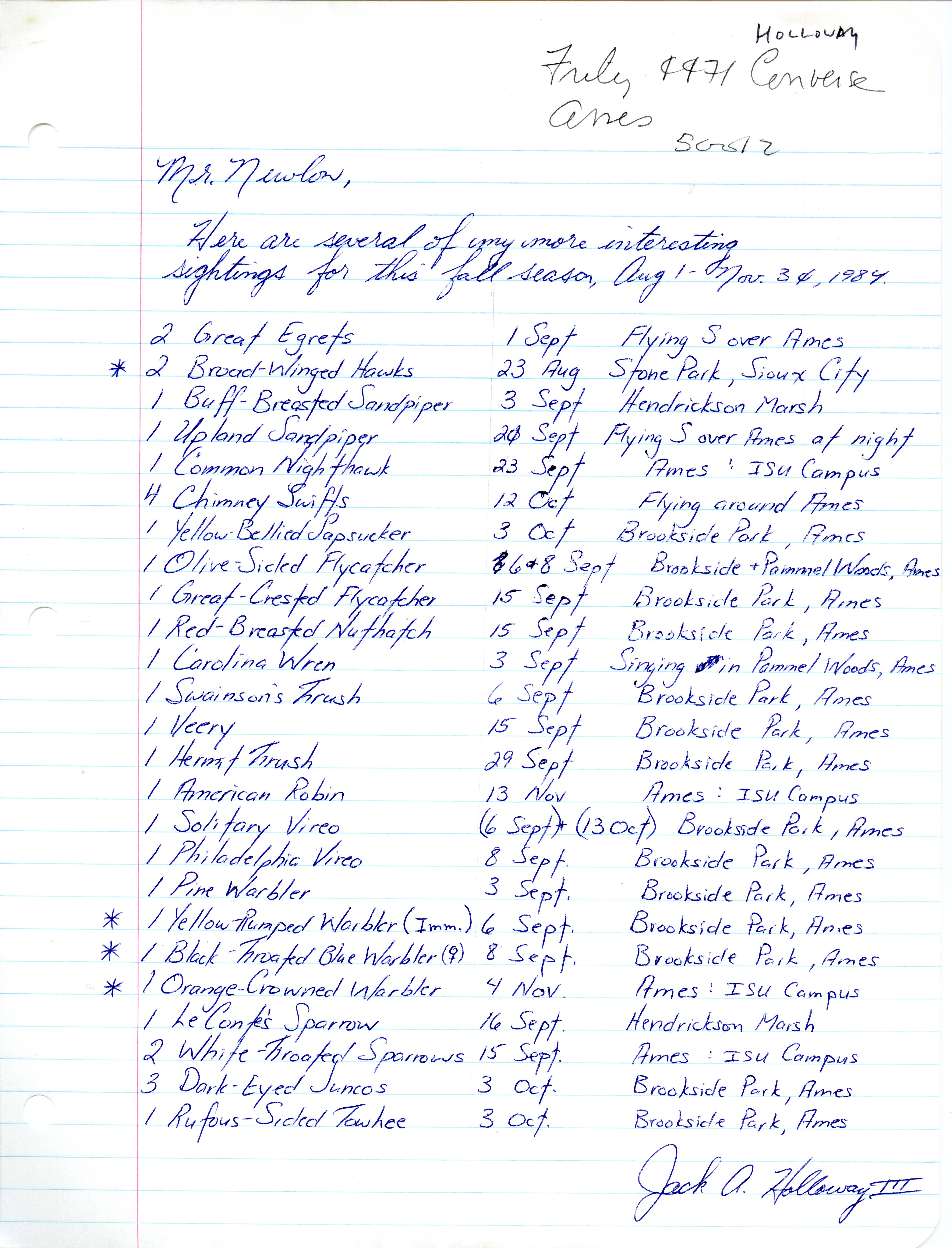 Jack A. Holloway III letter to Michael C. Newlon regarding bird sightings, fall 1984